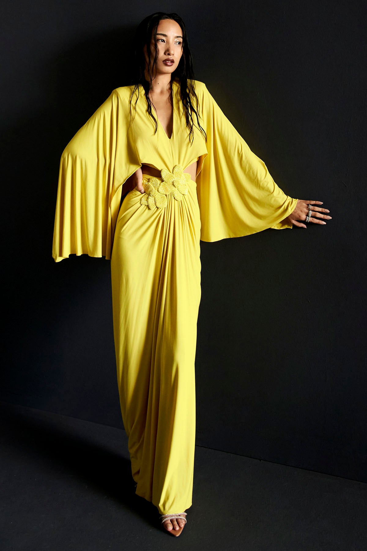 Yellow 3D Floral Cut-Out Gown