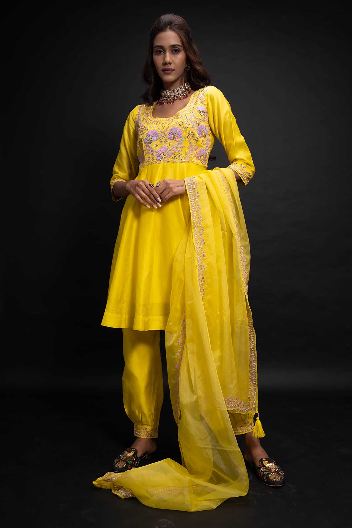 Buy Yellow A-Line Flared Kurta Set by Aavya for women online at ScrollnShops