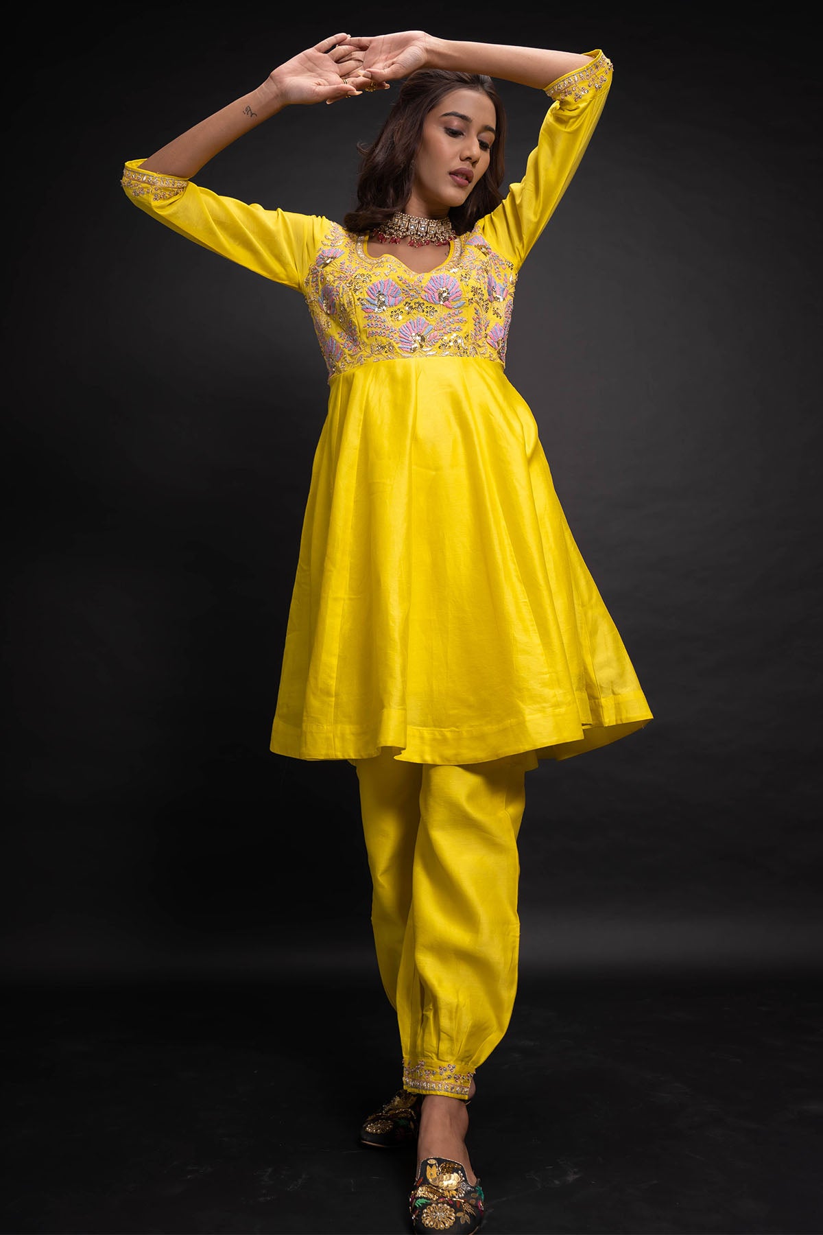 Yellow A-Line Flared Kurta Set
