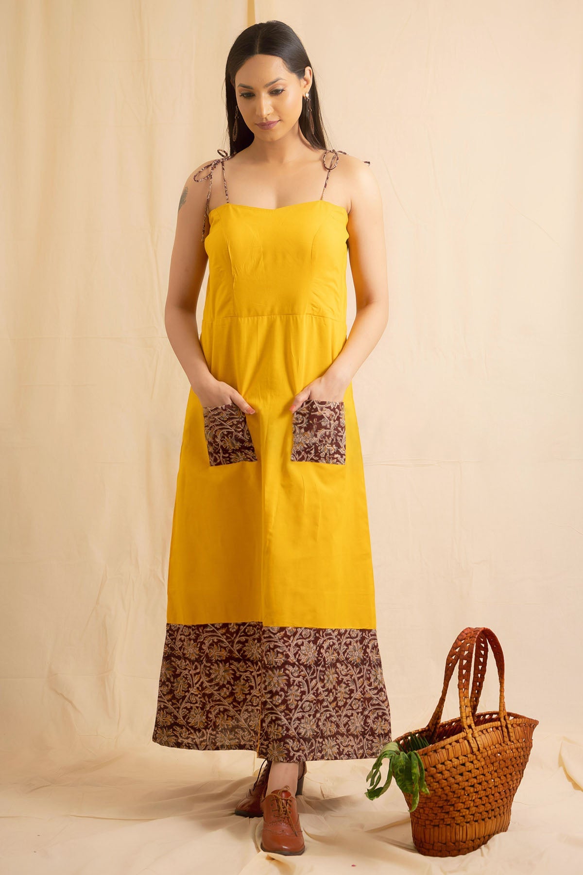 Charu Bhaskar Yellow A-Line Printed Dress for women online at ScrollnShops