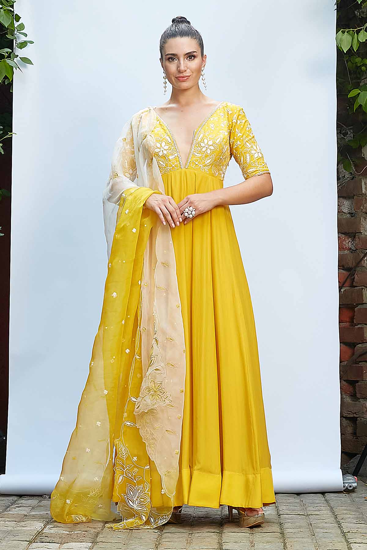 Priyanka Jain Yellow Aari Work Anarkali Set for women online at ScrollnShops