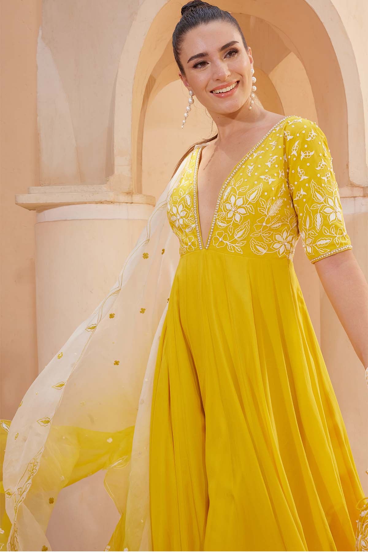 Yellow Aari Work Anarkali Set