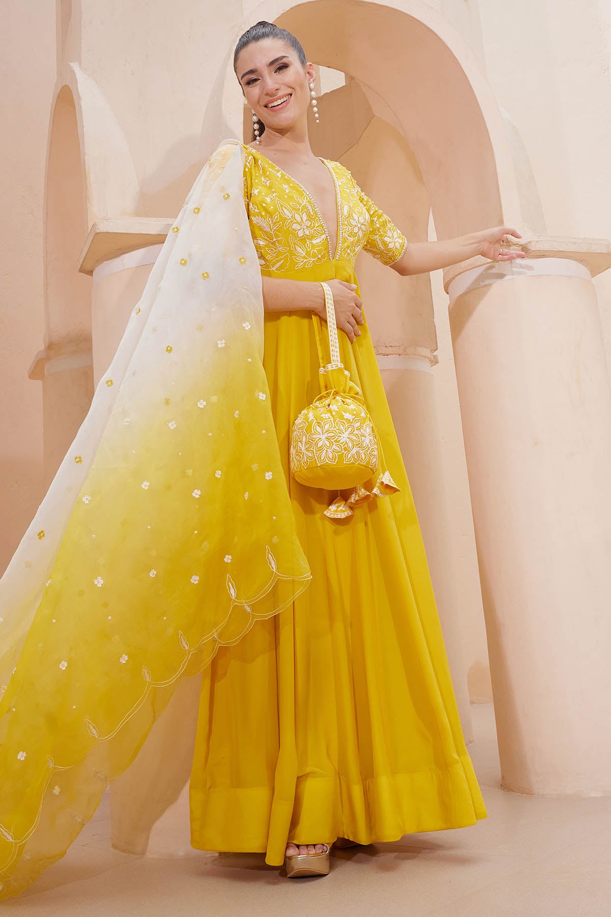 Yellow Aari Work Anarkali Set