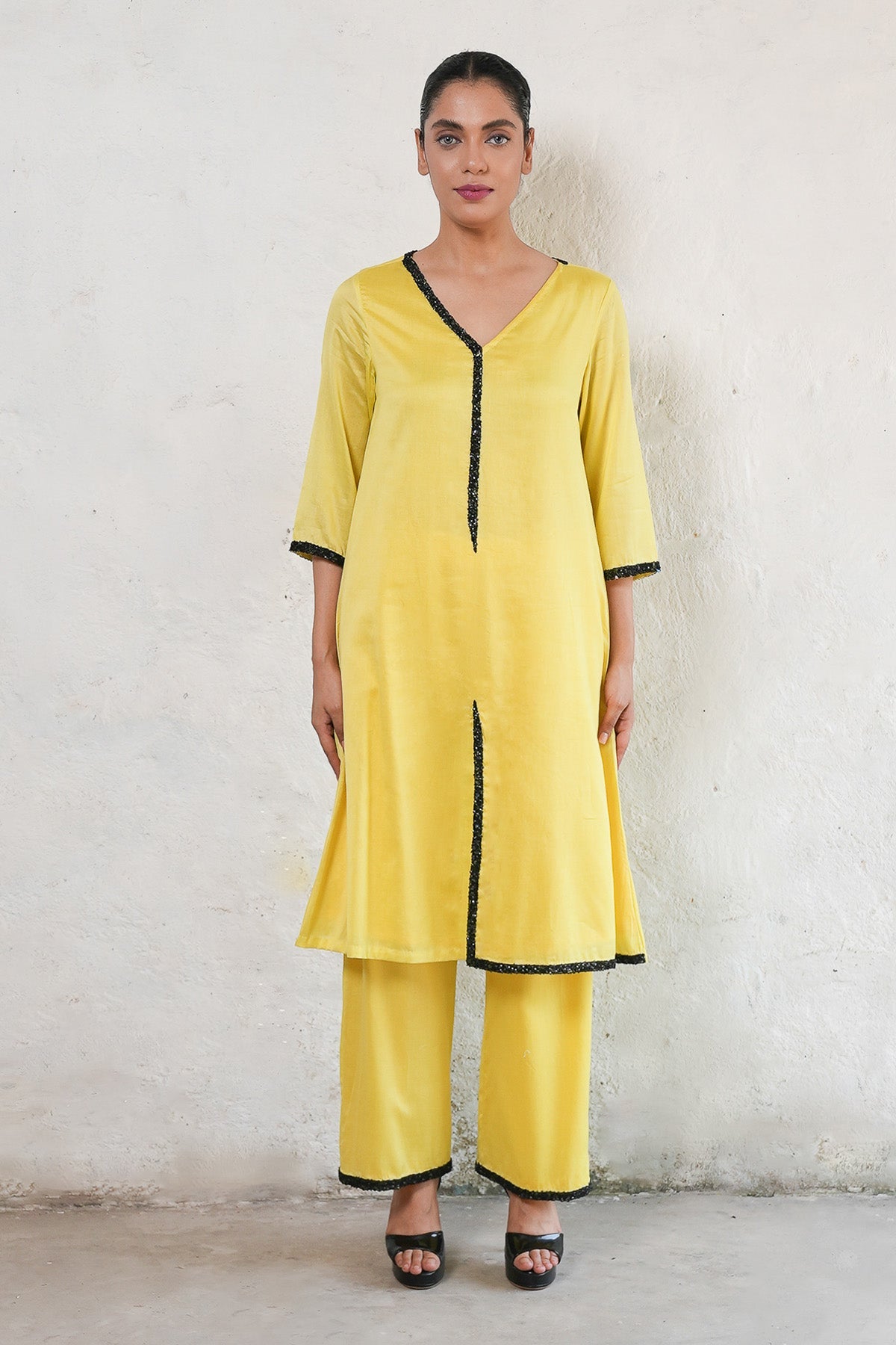 Buy Yellow Aari Work Kurta & Pants by Saksham Neharicka for women online at ScrollnShops