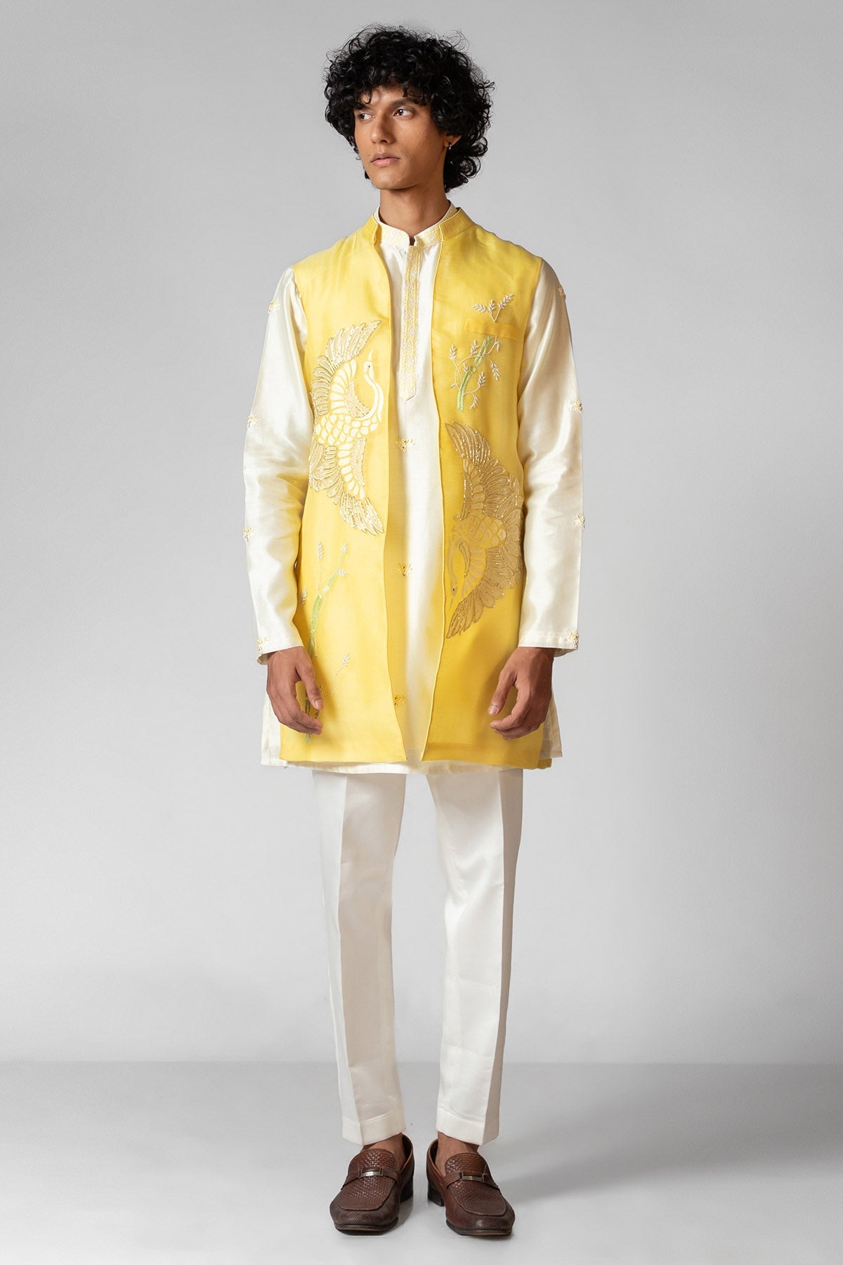 Buy Yellow Applique Work Kurta Set for men by Paarsh Atelier online available at scrollnshops