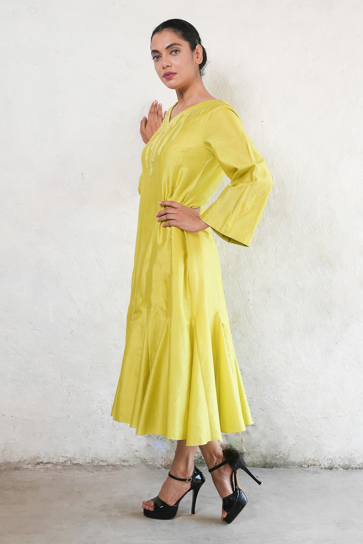 Yellow Applique Work Midi Dress