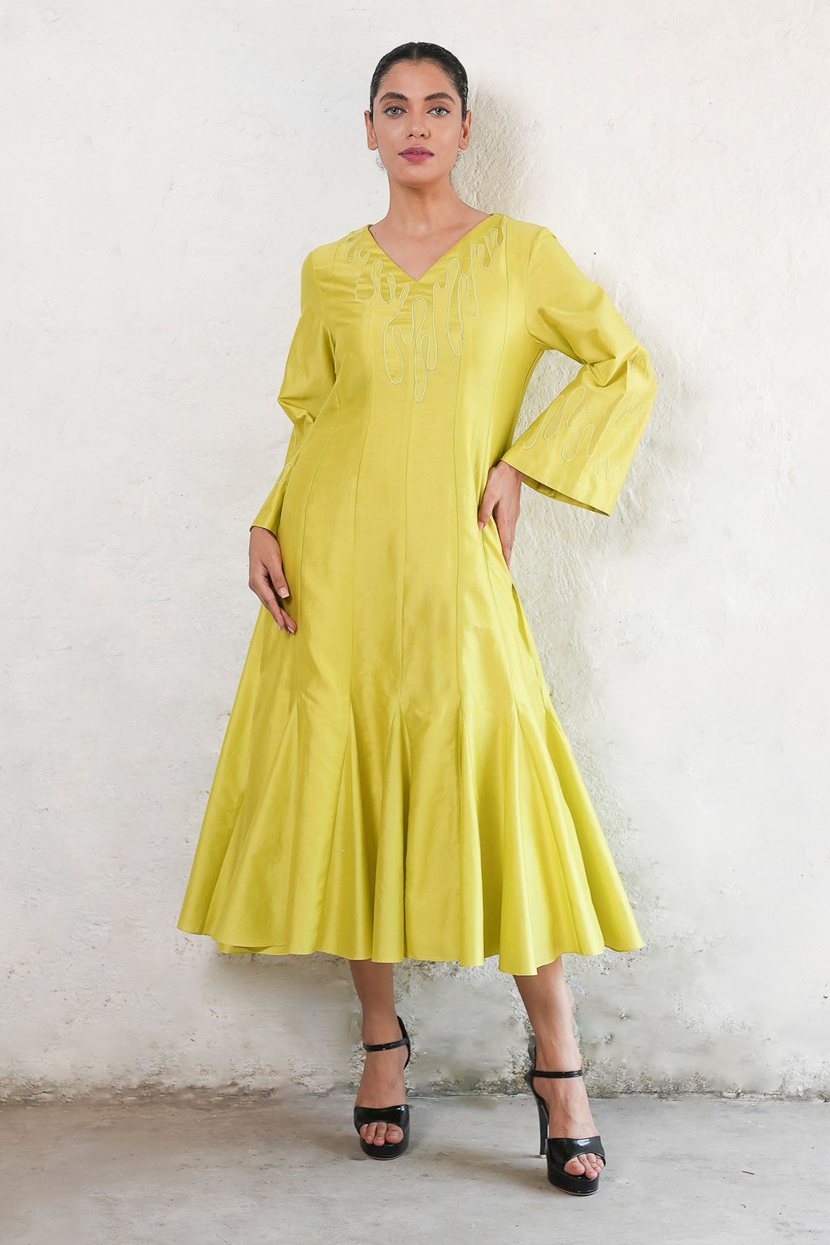 Buy Yellow Applique Work Midi Dress by Saksham Neharicka for women online at ScrollnShops