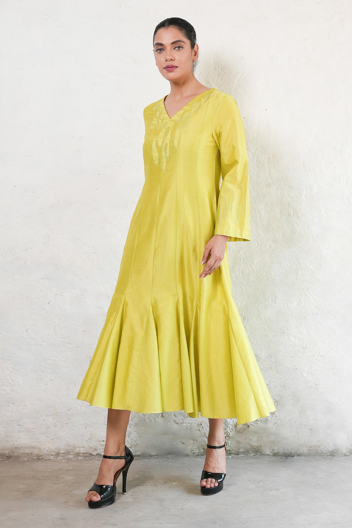 Yellow Applique Work Midi Dress