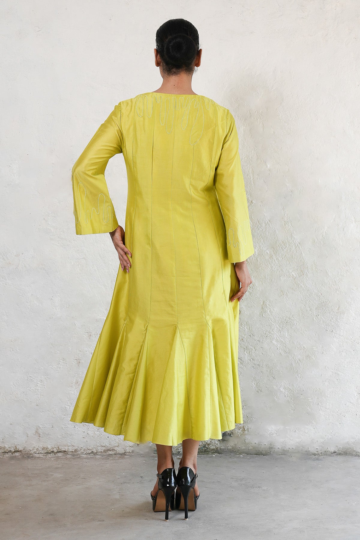 Yellow Applique Work Midi Dress