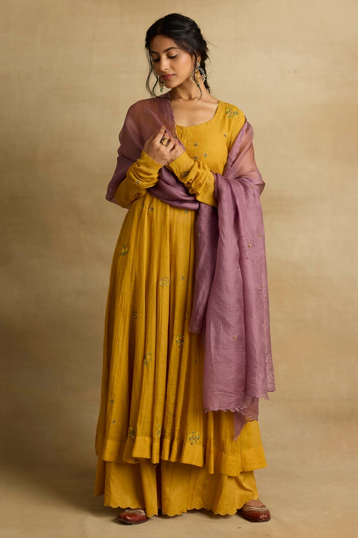 Rhua Yellow Ari Zardozi Anarkali Set for women online at ScrollnShops