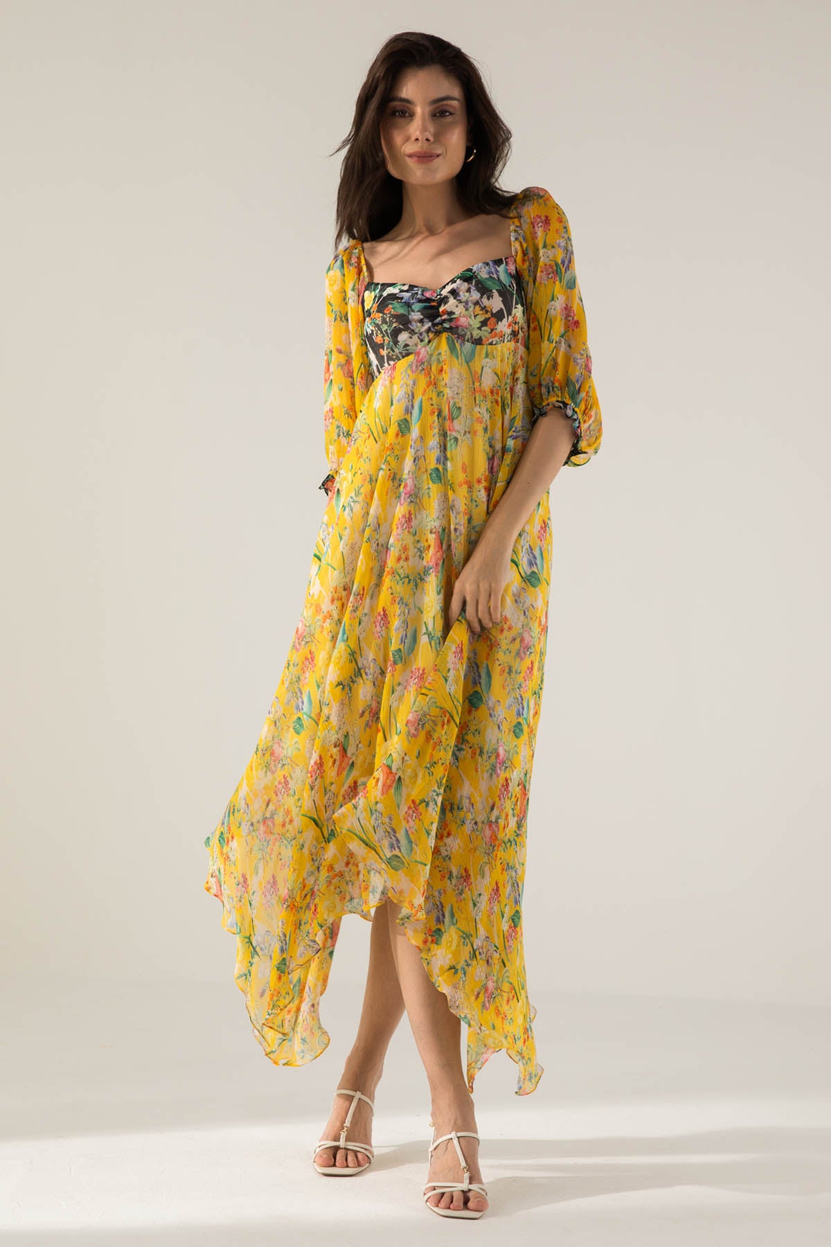 Yellow Asymmetric Printed Dress