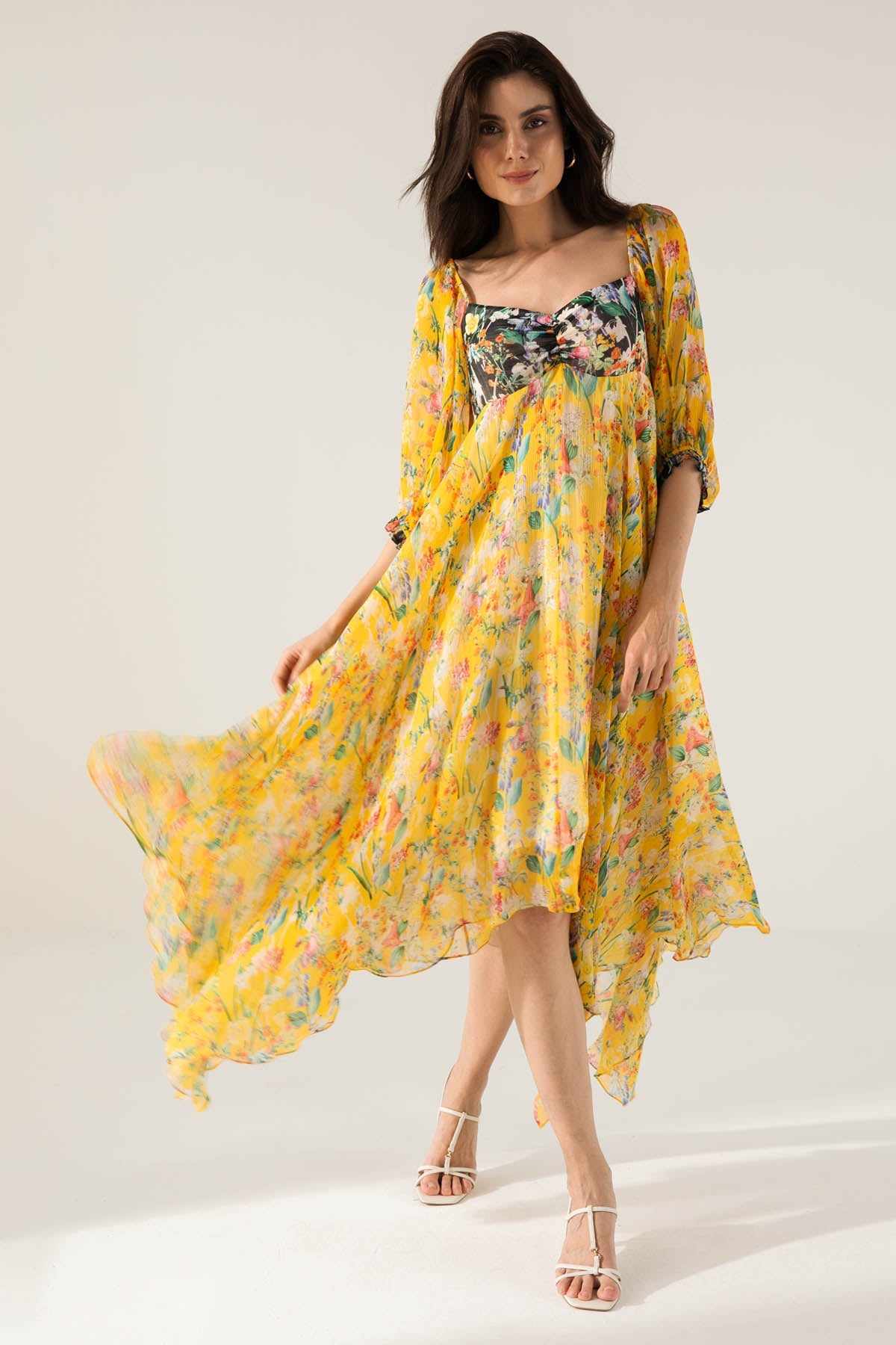 Reena Sharma Yellow Asymmetric Printed Dress For Women Online at ScrollnShops
