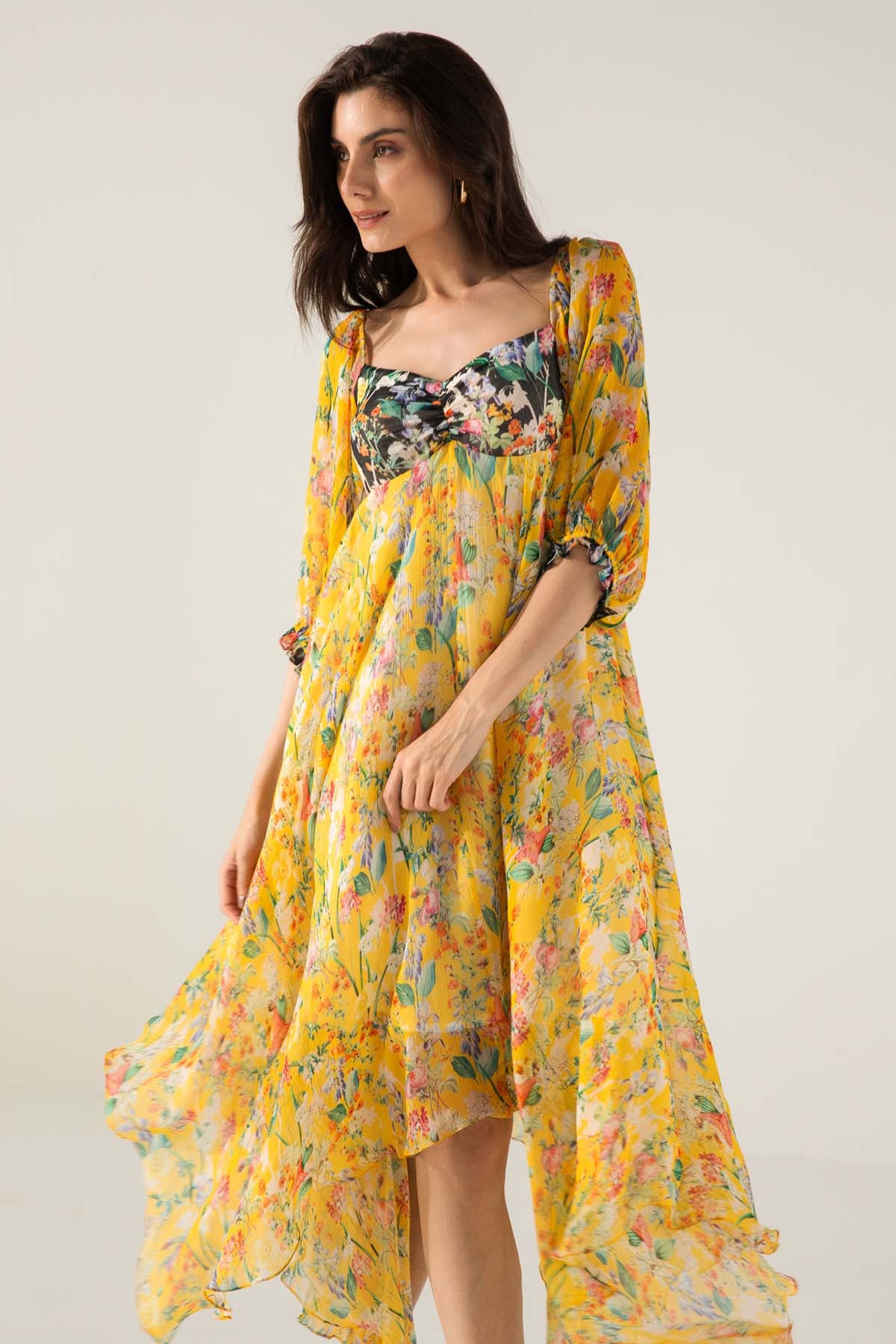 Yellow Asymmetric Printed Dress