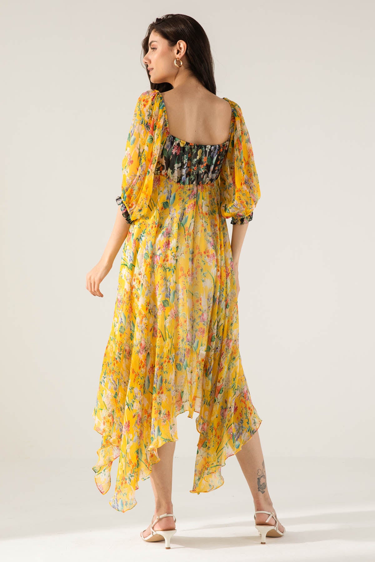 Yellow Asymmetric Printed Dress