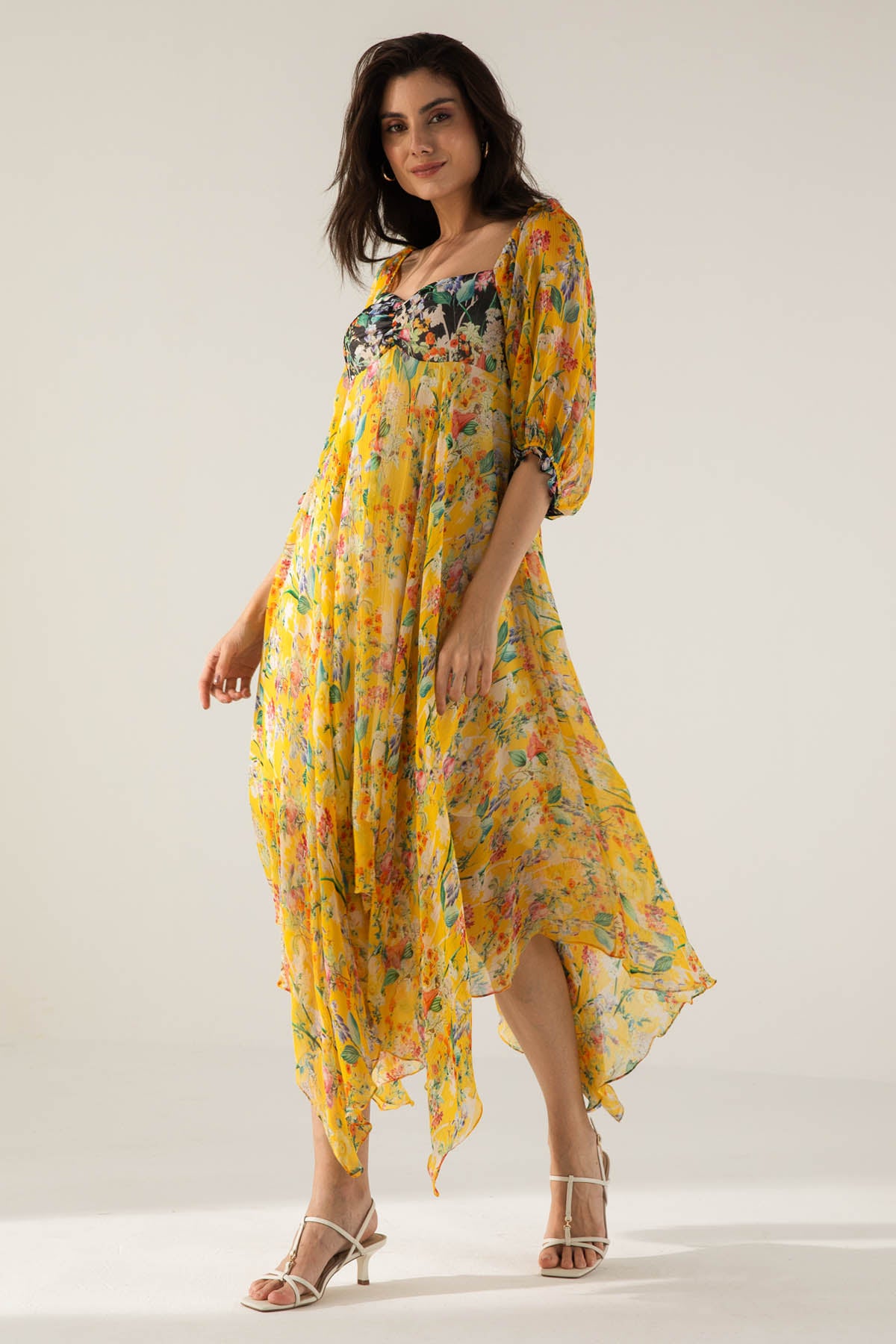 Yellow Asymmetric Printed Dress