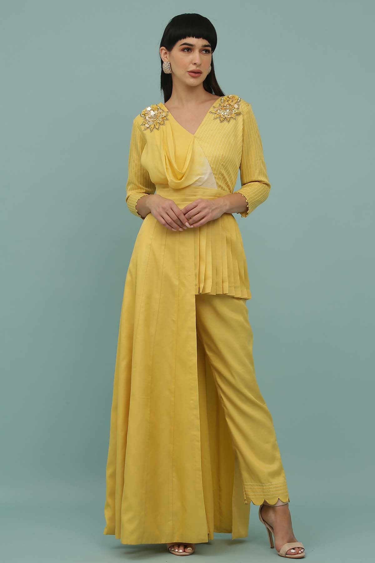 Buy Yellow Asymmetrical Top & Pants by Sejal Kamdar for women online at ScrollnShops