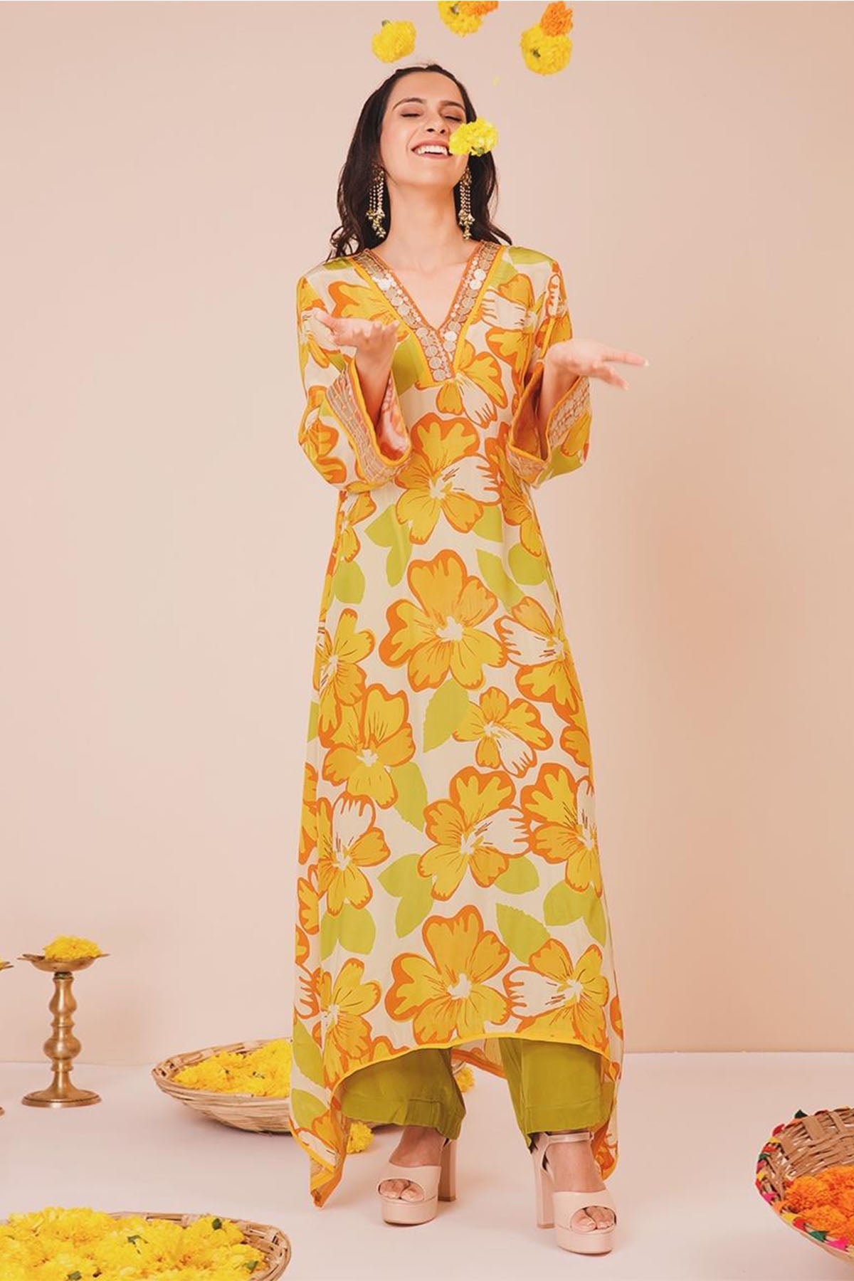 Buy Yellow Asymmetrical Tunic Set by Niyami for women online at ScrollnShops