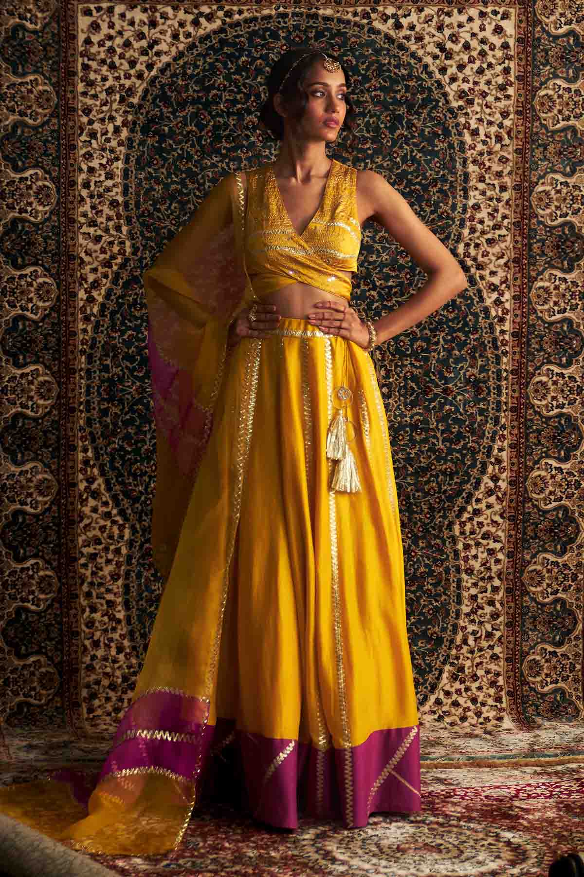 Buy Yellow Back Tie-Up Lehenga Set Online
