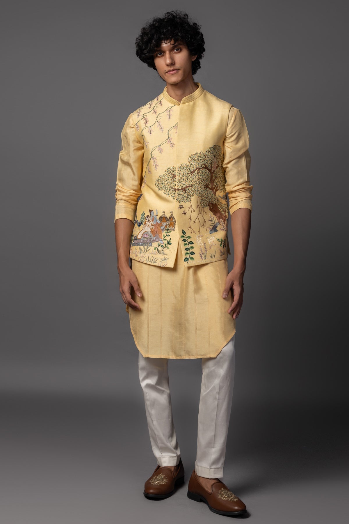 Buy Yellow Bam Silk Ram Kurta Set for men by Paarsh Atelier online available at scrollnshops