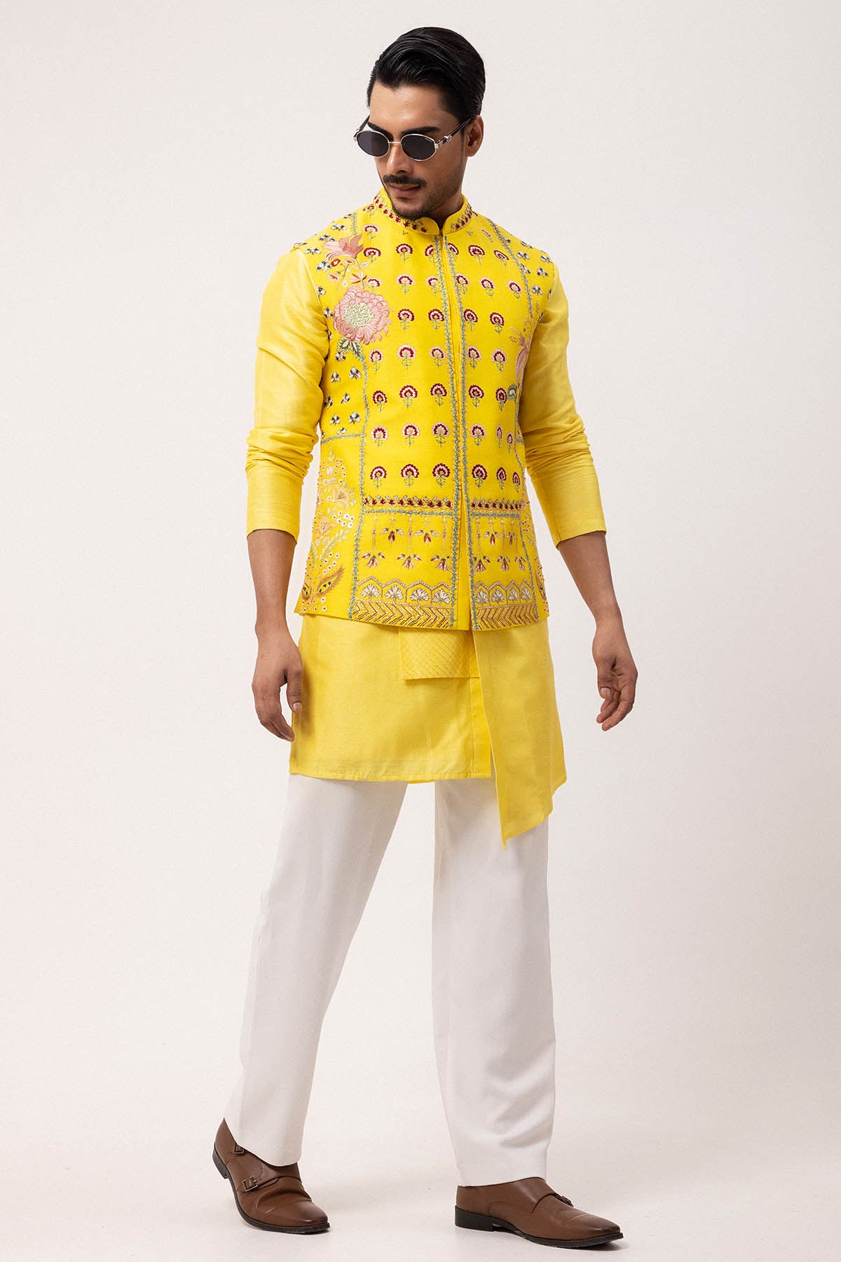 Yellow Bam Silk Resham Kurta