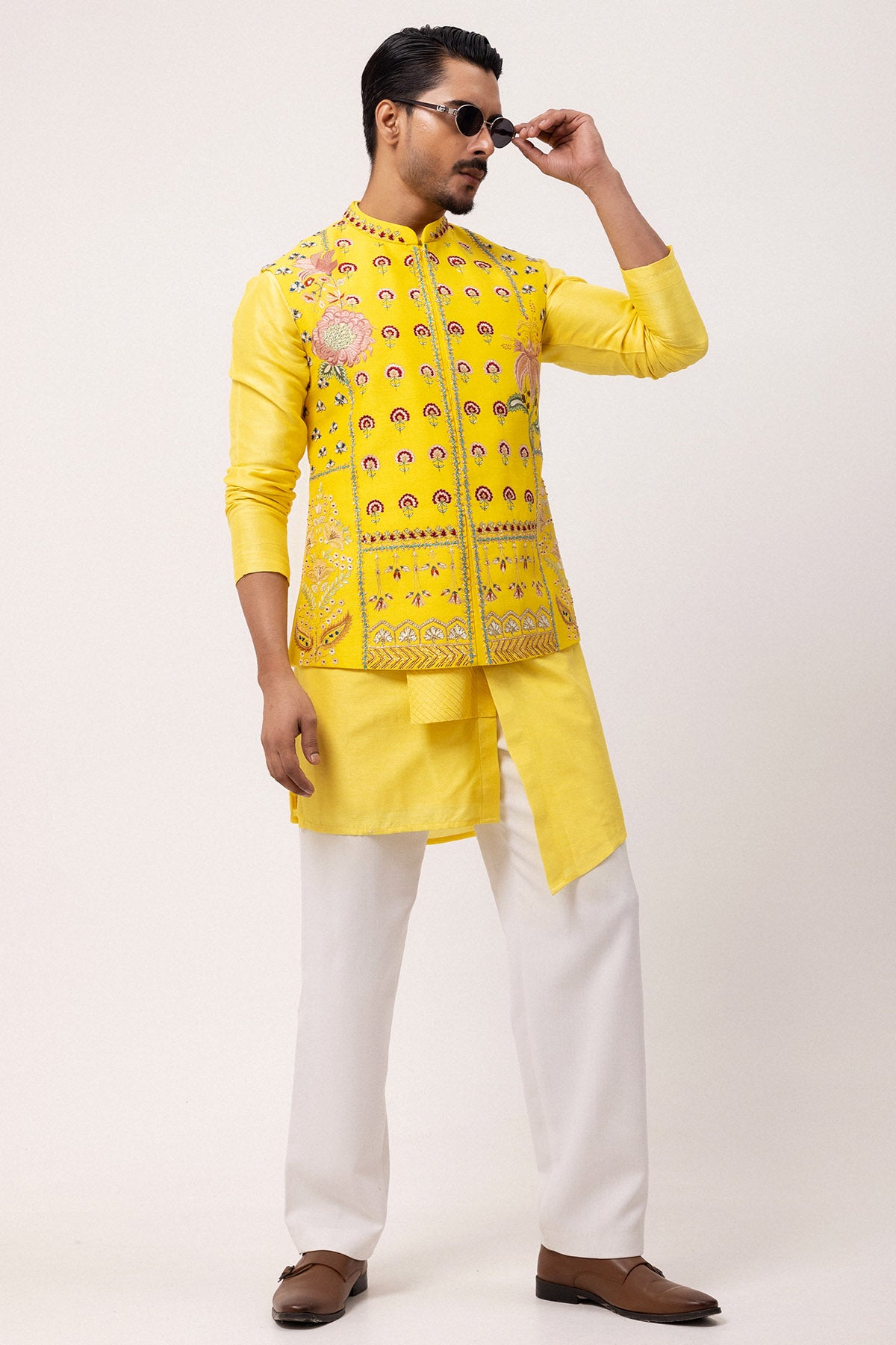 Yellow Bam Silk Resham Kurta