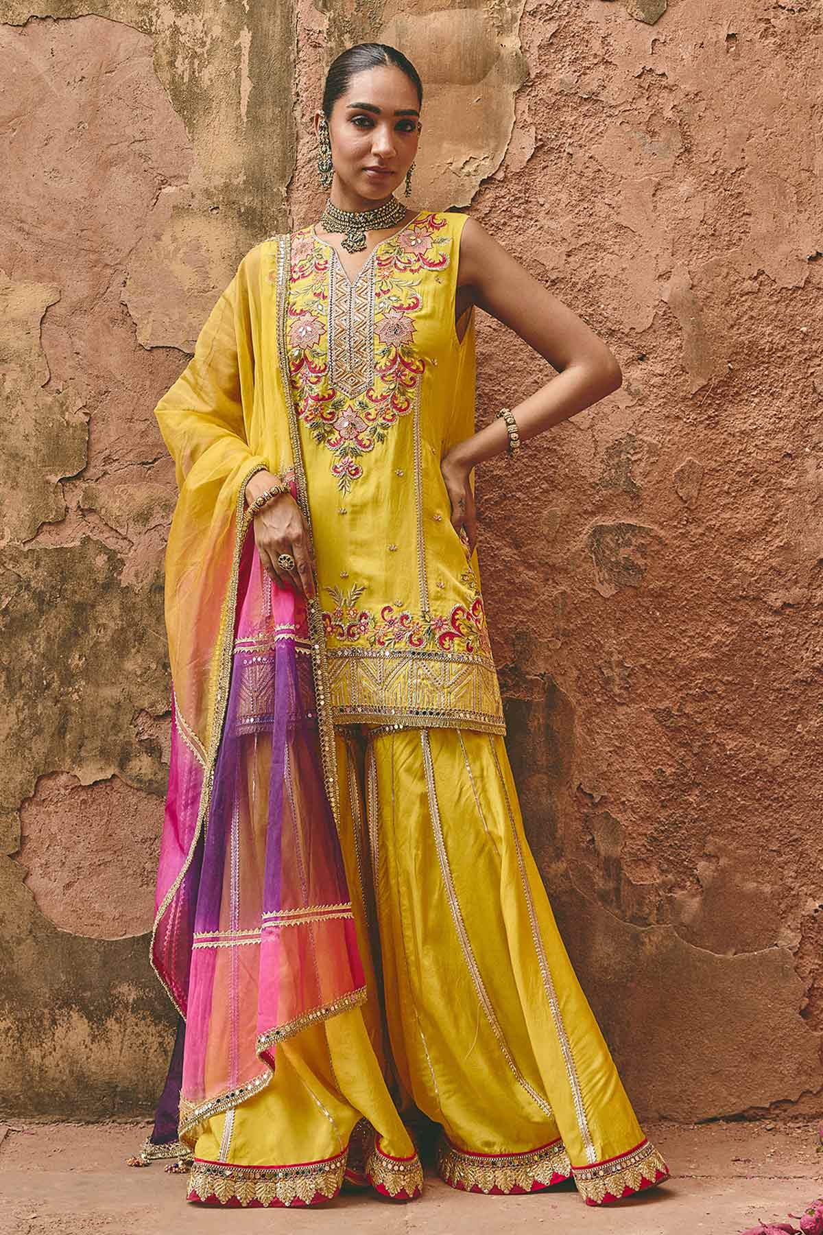 Buy Yellow Bamboo Floral Kurta Set for women by Ajiesh Oberoi online available at scrollnshops