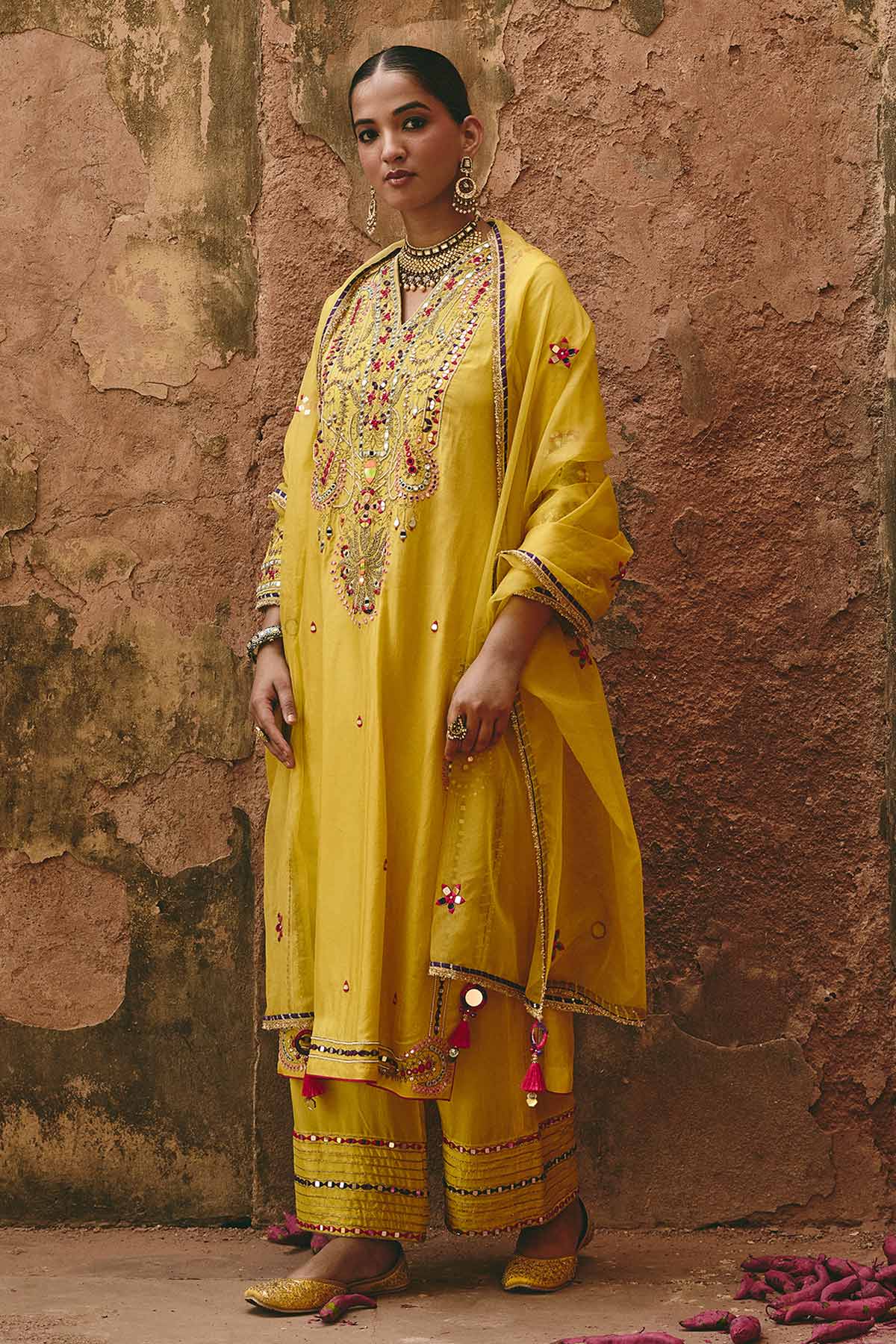 Buy Yellow Bamboo Silk Kurta Set for women by Ajiesh Oberoi online available at scrollnshops