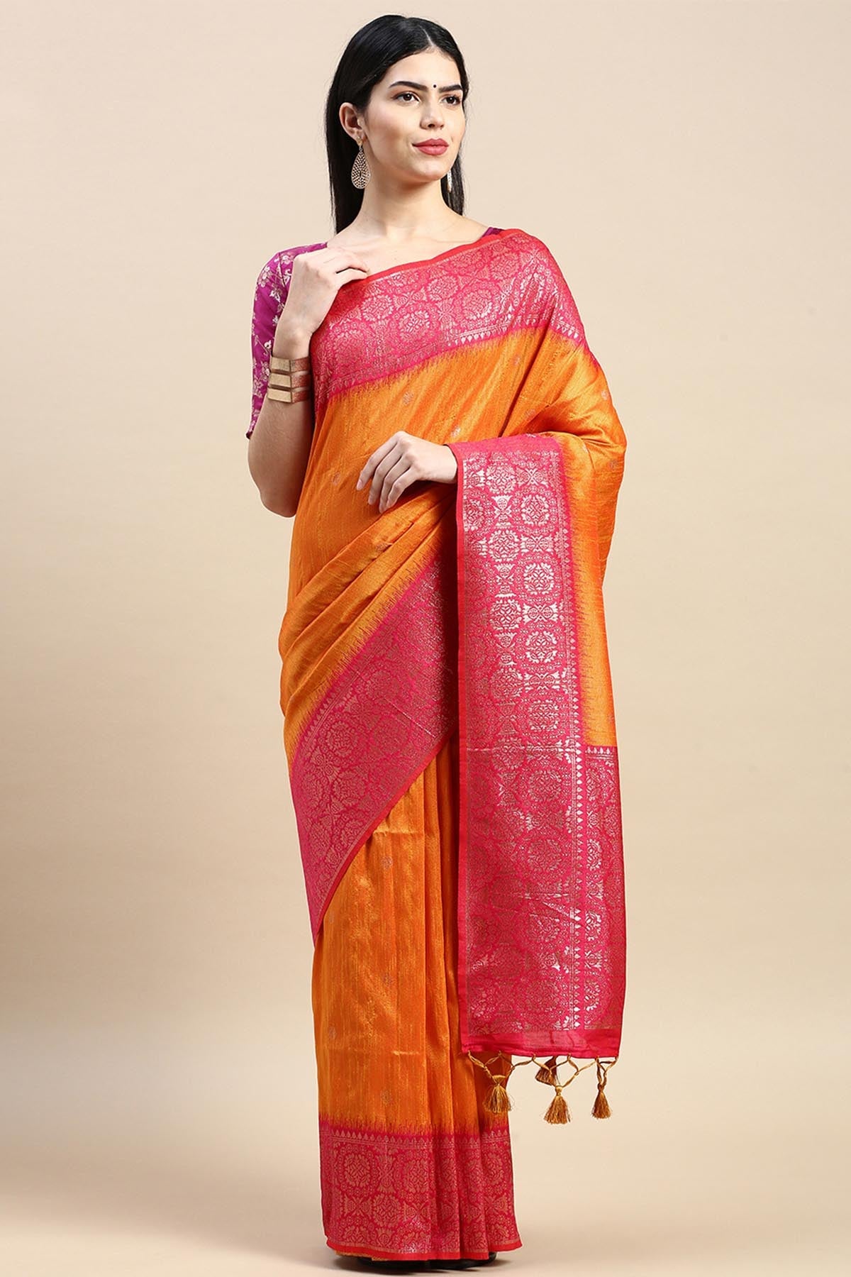 Buy Yellow Banarasi Silk Zari Saree by Lili Lala for women online at ScrollnShops