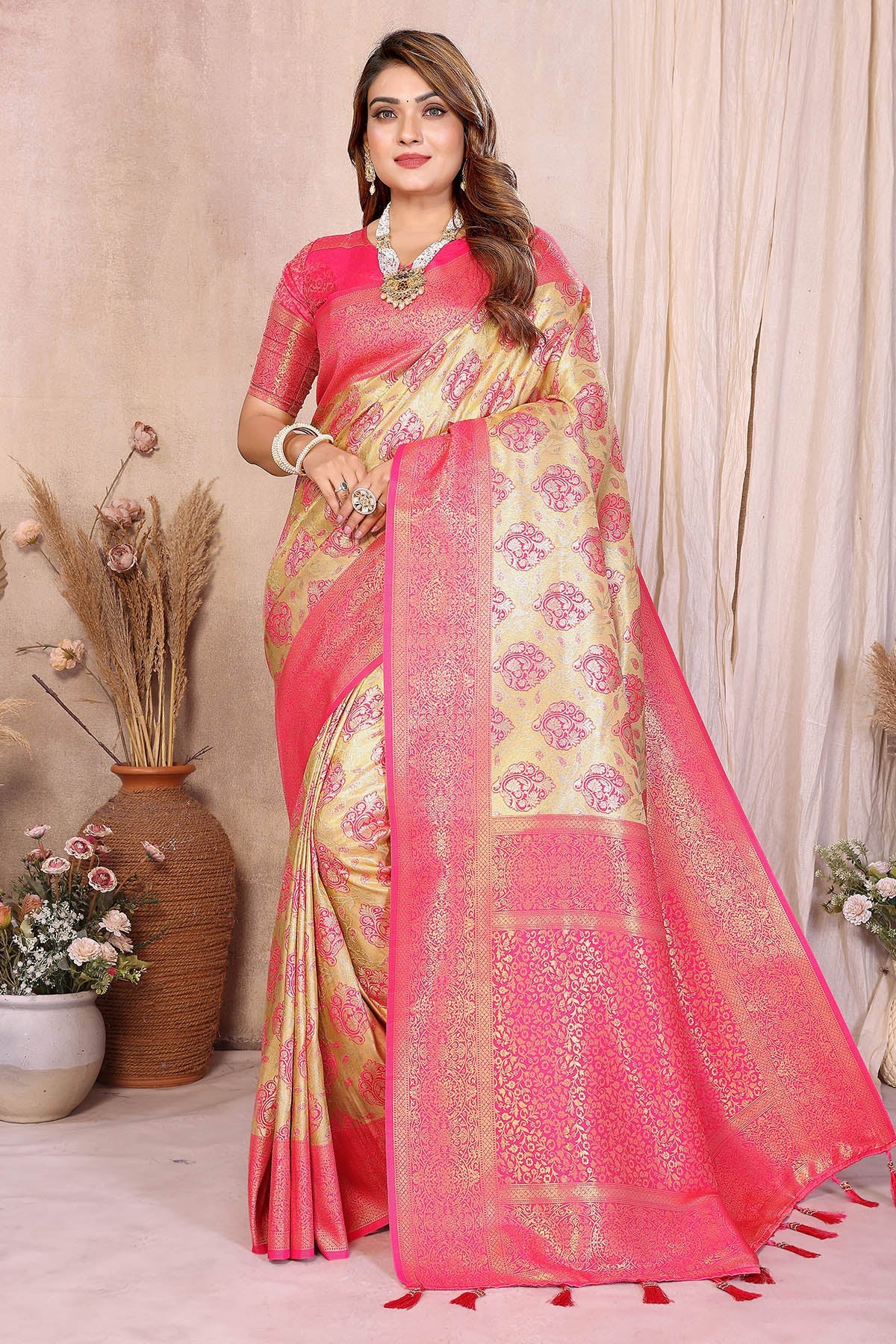 Buy Yellow Banarasi Tissue Saree for women by Aastha Fashion online available at scrollnshops