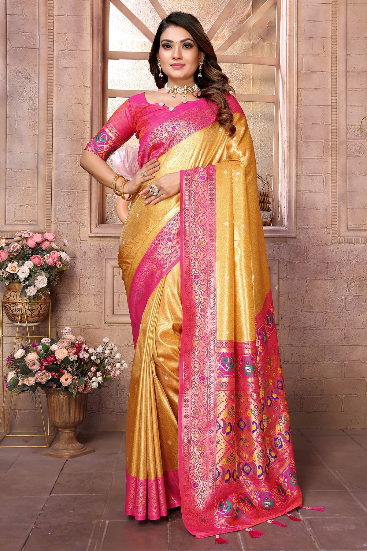 Buy Yellow Banarasi Weaving Saree for women by Aastha Fashion online available at scrollnshops