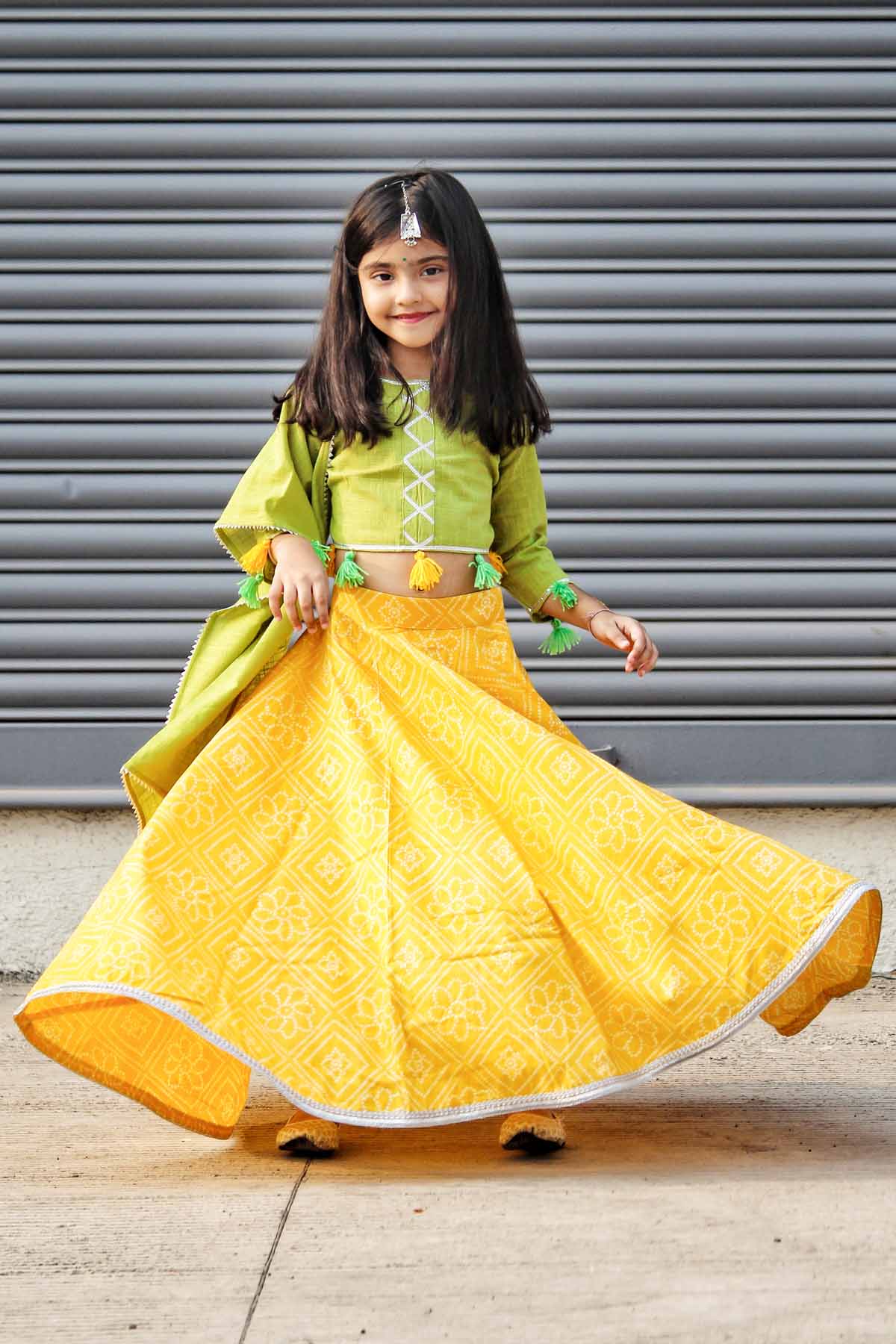 Designer Mamma's Bear Yellow Bandhani Gota Lehenga Set For Kids (Boys & Girls) Available online at ScrollnShops