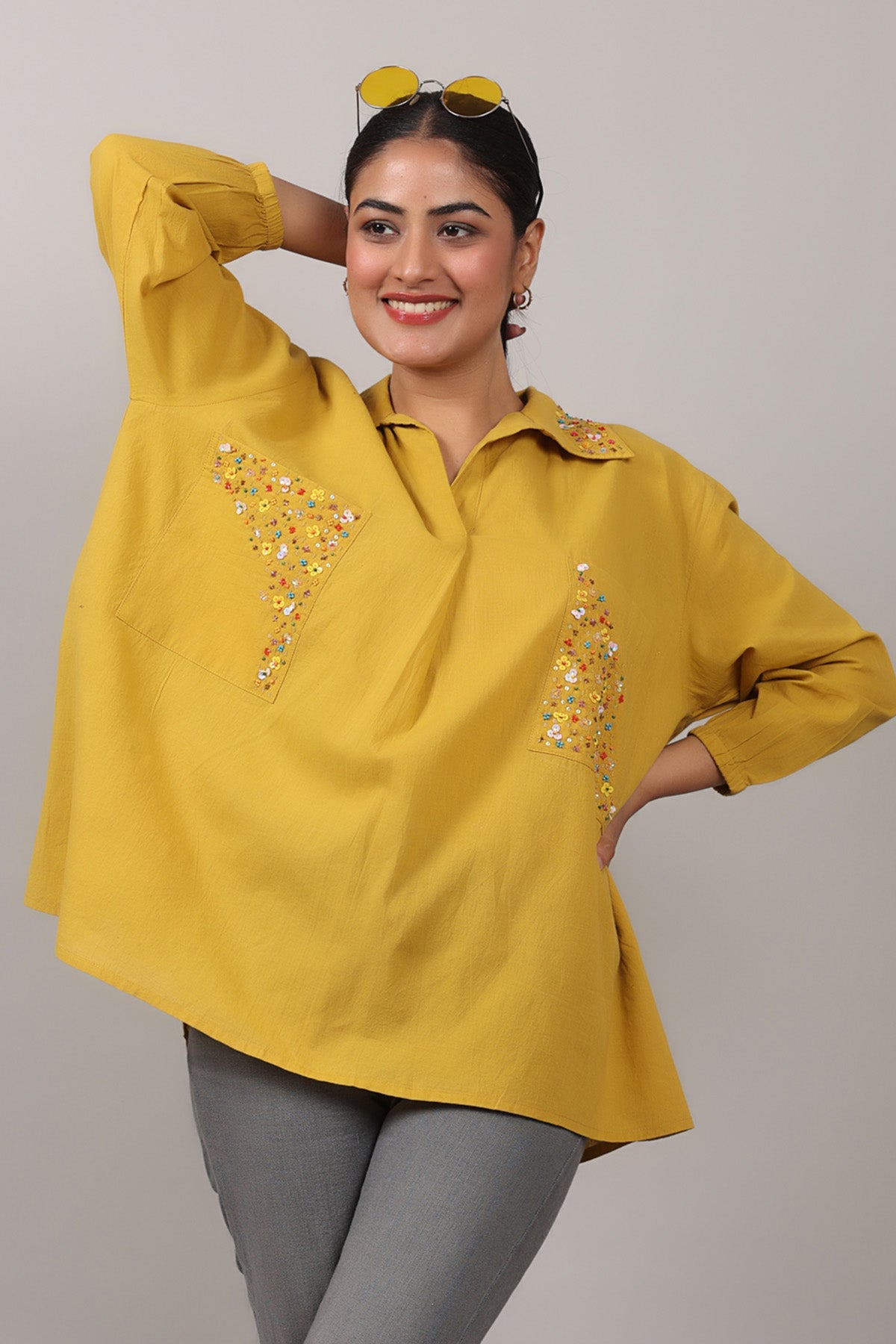 Buy Yellow Beads Embroidered Top by OSKOS for women online at ScrollnShops