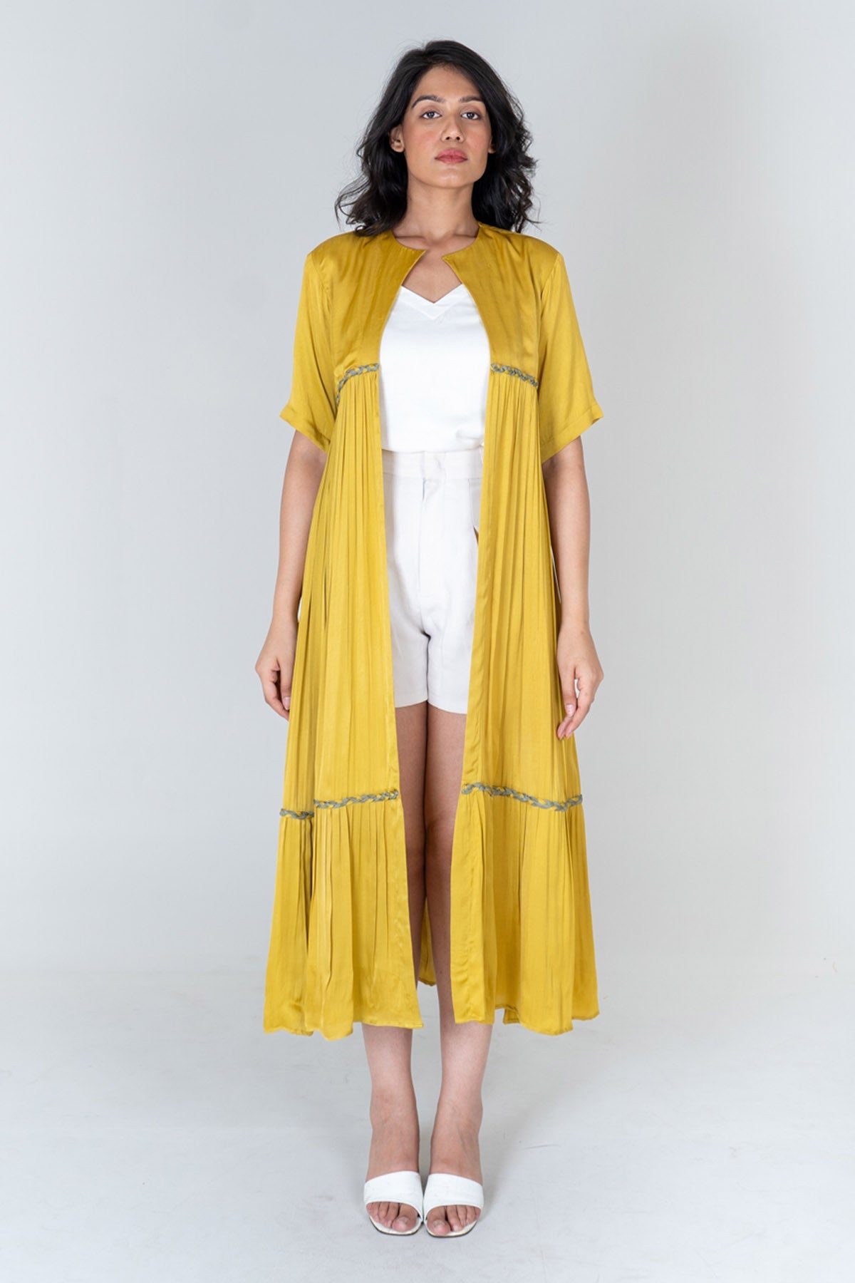 Neora by Nehal Chopra Yellow Braid Gathered Long Cape for women online at ScrollnShops
