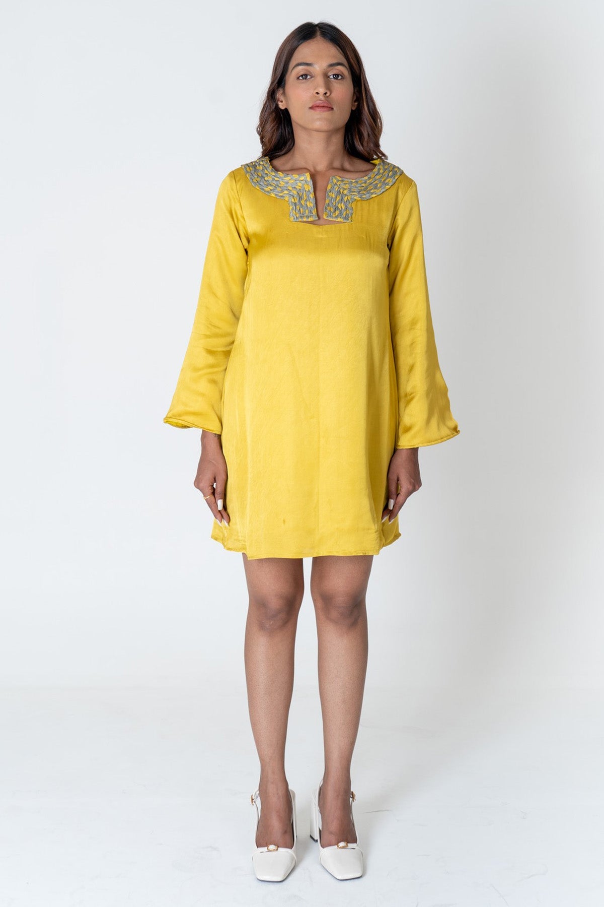 Neora by Nehal Chopra Yellow Braided Collar Dress for women online at ScrollnShops