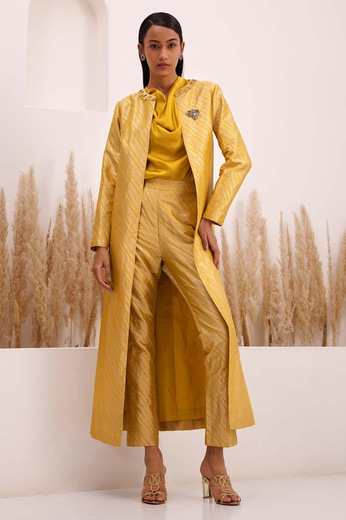 Chhaya Mehrotra Yellow Brocade Long Jacket Set for women online at ScrollnShops