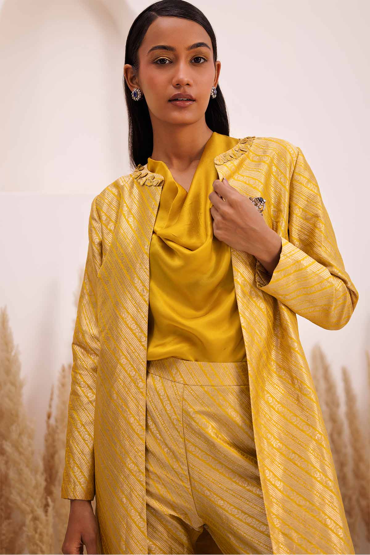 Yellow Brocade Long Jacket Set