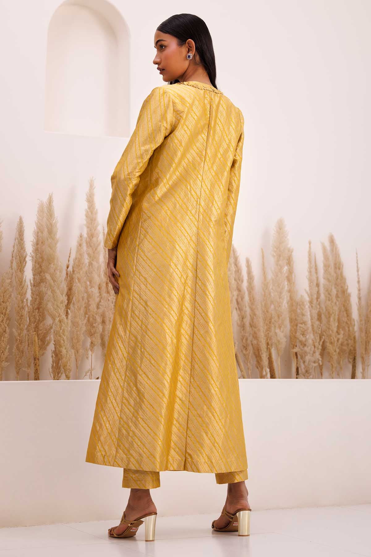 Yellow Brocade Long Jacket Set