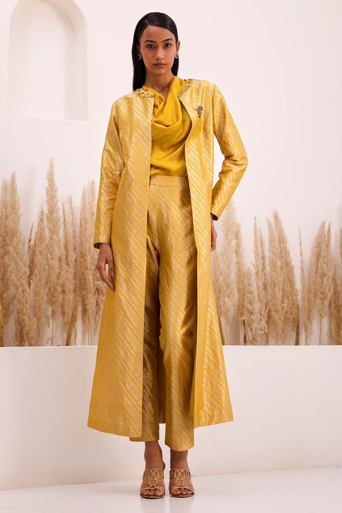 Yellow Brocade Long Jacket Set