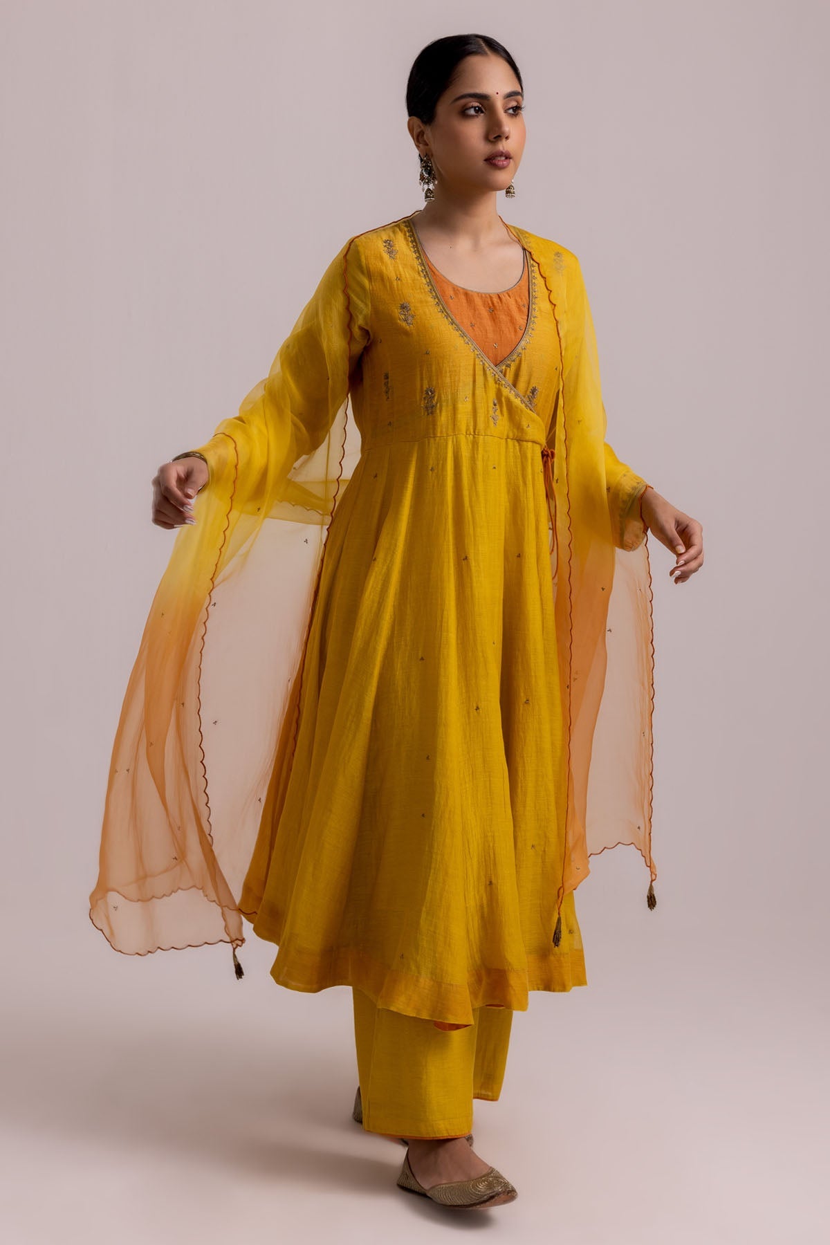 Label Shreya Sharma Yellow Chanderi Anarkali Set for women online at ScrollnShops