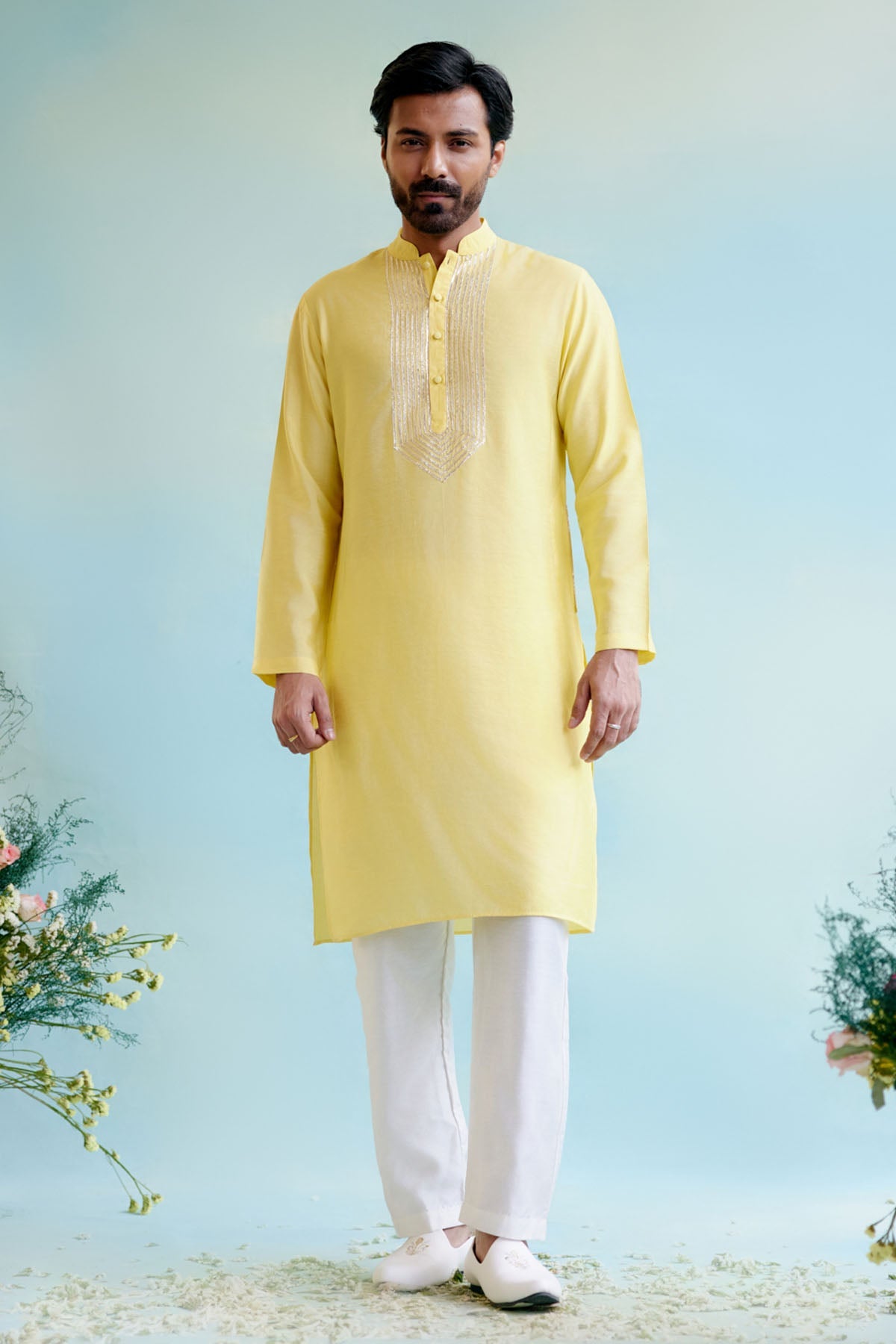 Nero Yellow Chanderi Gota Lace Kurta for Men Online Available at ScrollnShops