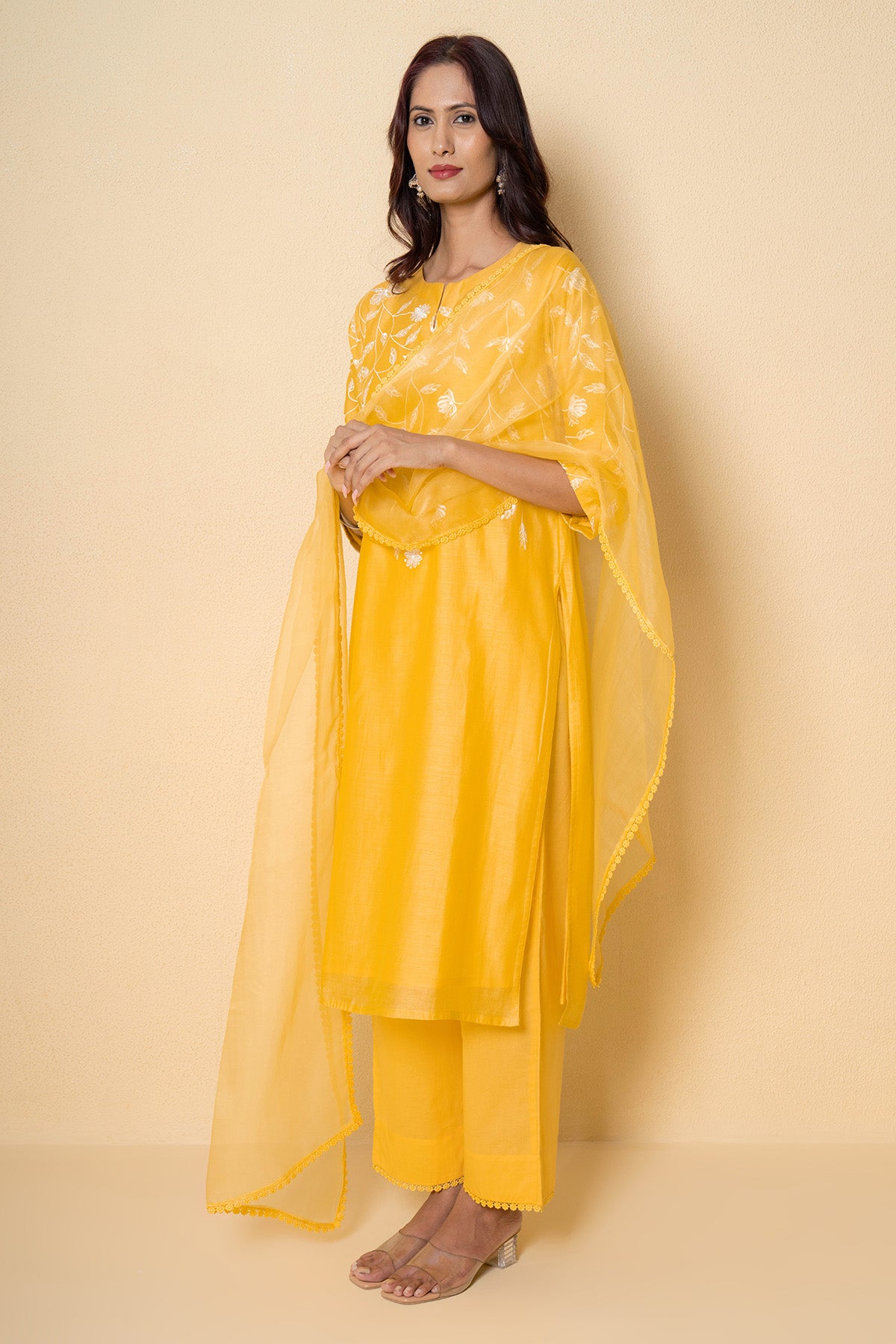 Yellow Chanderi Lace Kurta Set