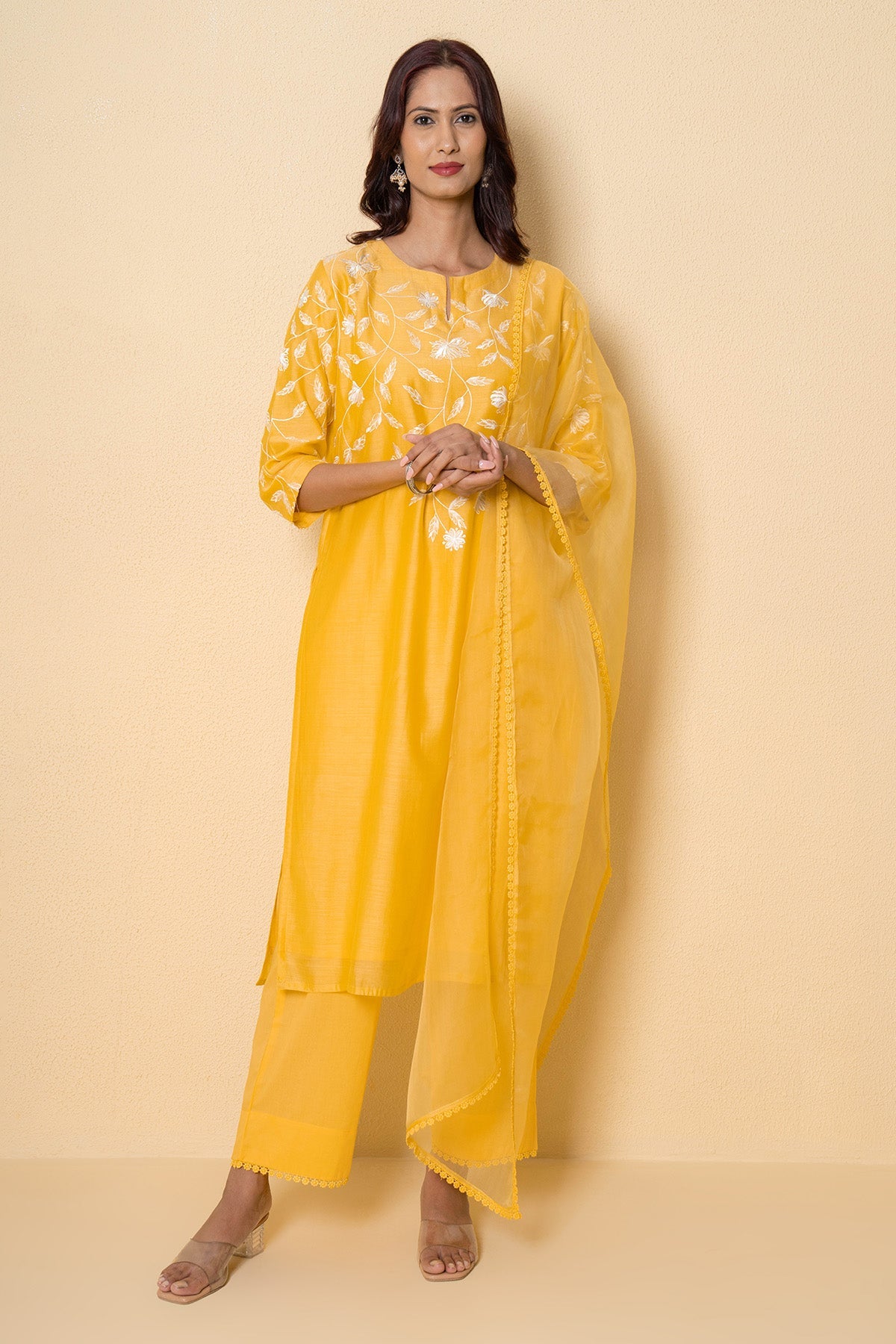 Buy Yellow Chanderi Lace Kurta Set for Women Online at ScrollnShops