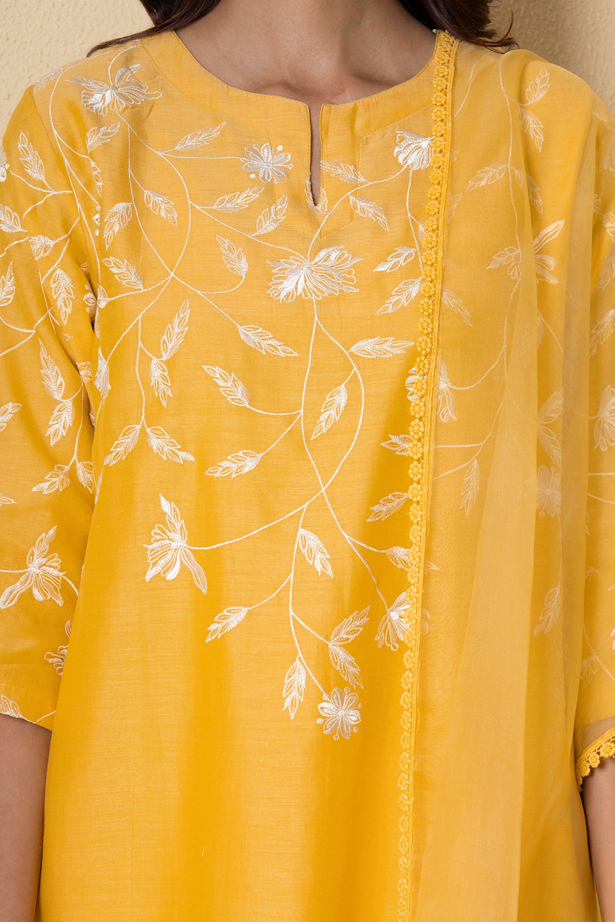 Yellow Chanderi Lace Kurta Set
