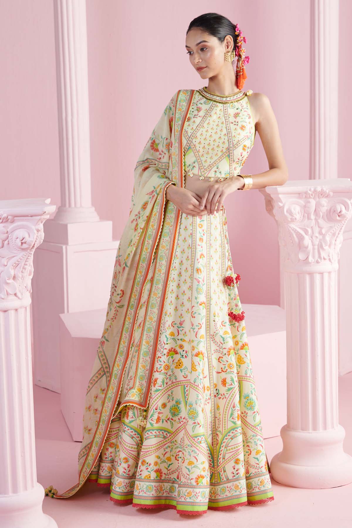 Mandira Wirk Yellow Chanderi Lehenga Set for women online at ScrollnShops