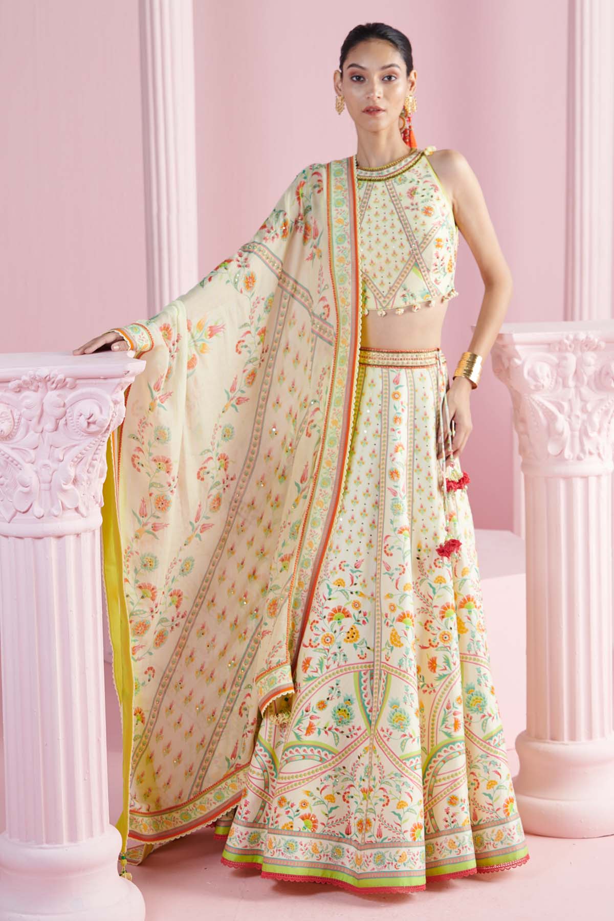Buy Yellow Chanderi Lehenga Set by Mandira Wirk