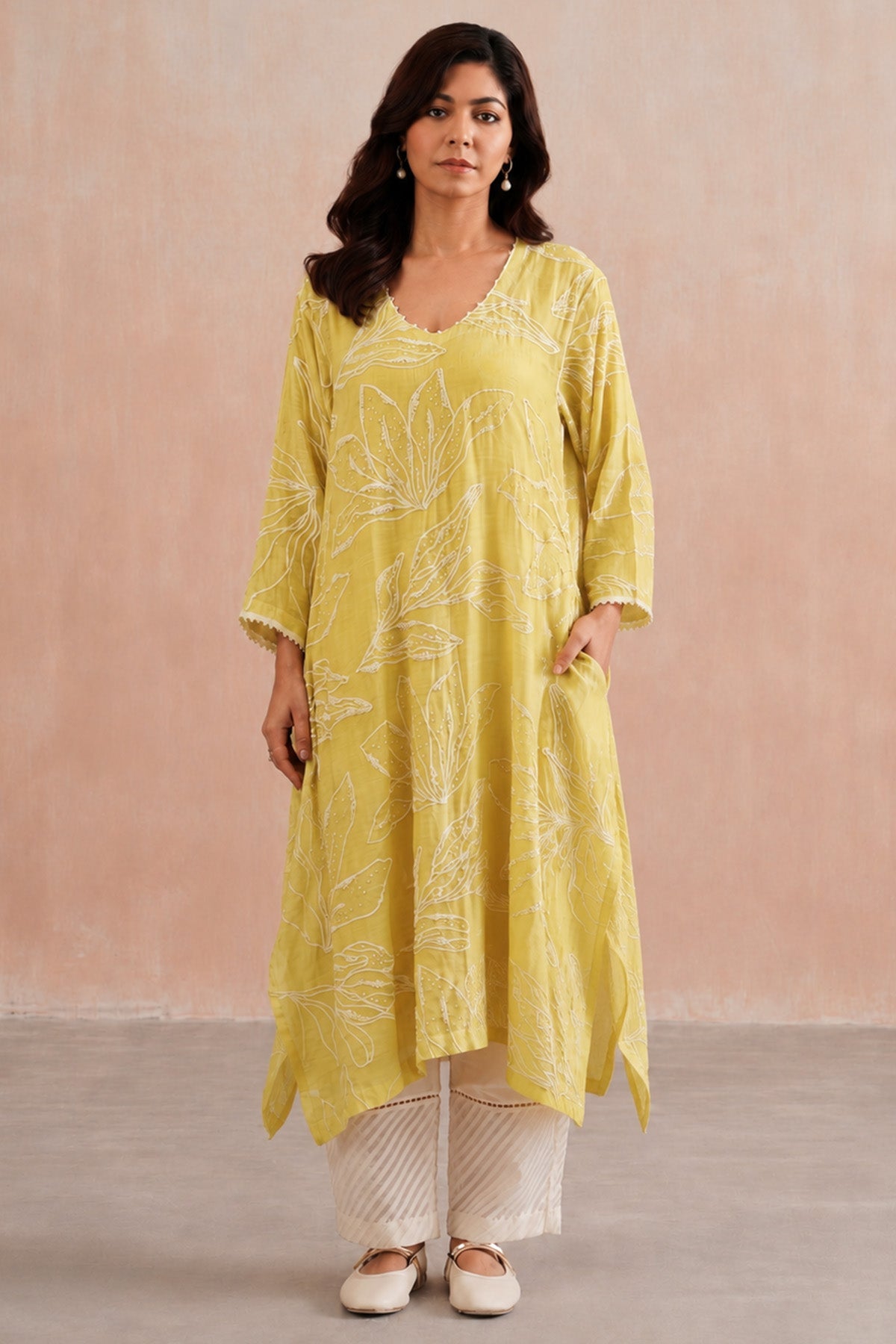 Buy Yellow Chanderi Pearl Kurta Set for women by Ugna by Unnati online available at scrollnshops