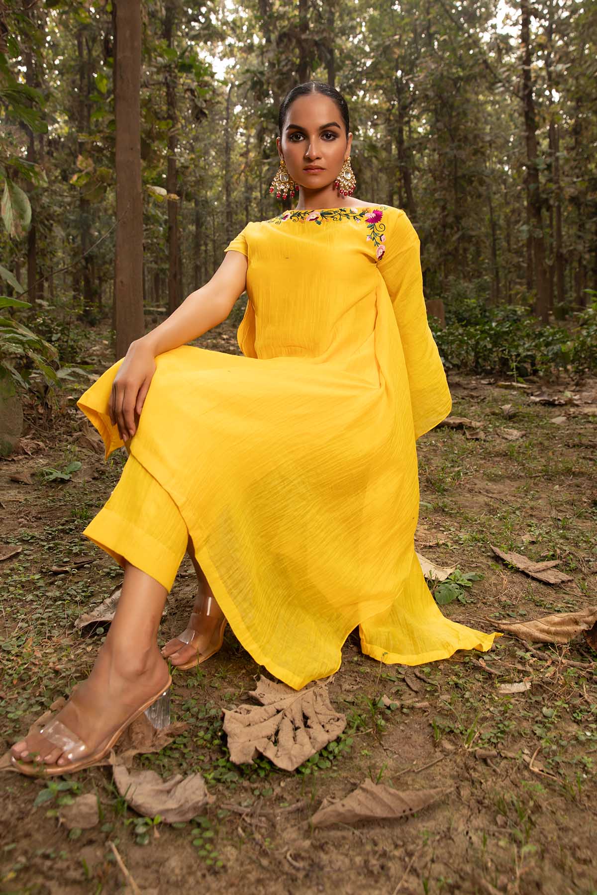 Yellow Chanderi Silk Kaftan Set