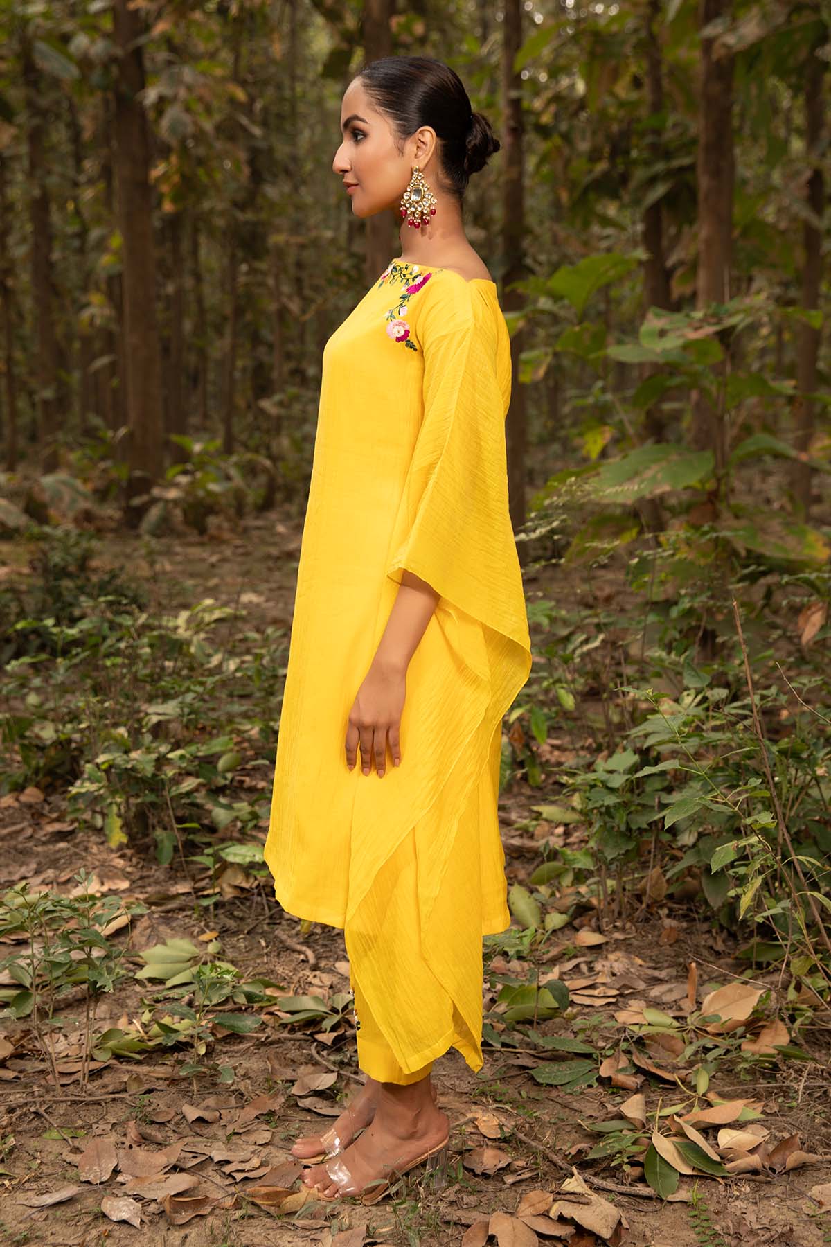 Yellow Chanderi Silk Kaftan Set
