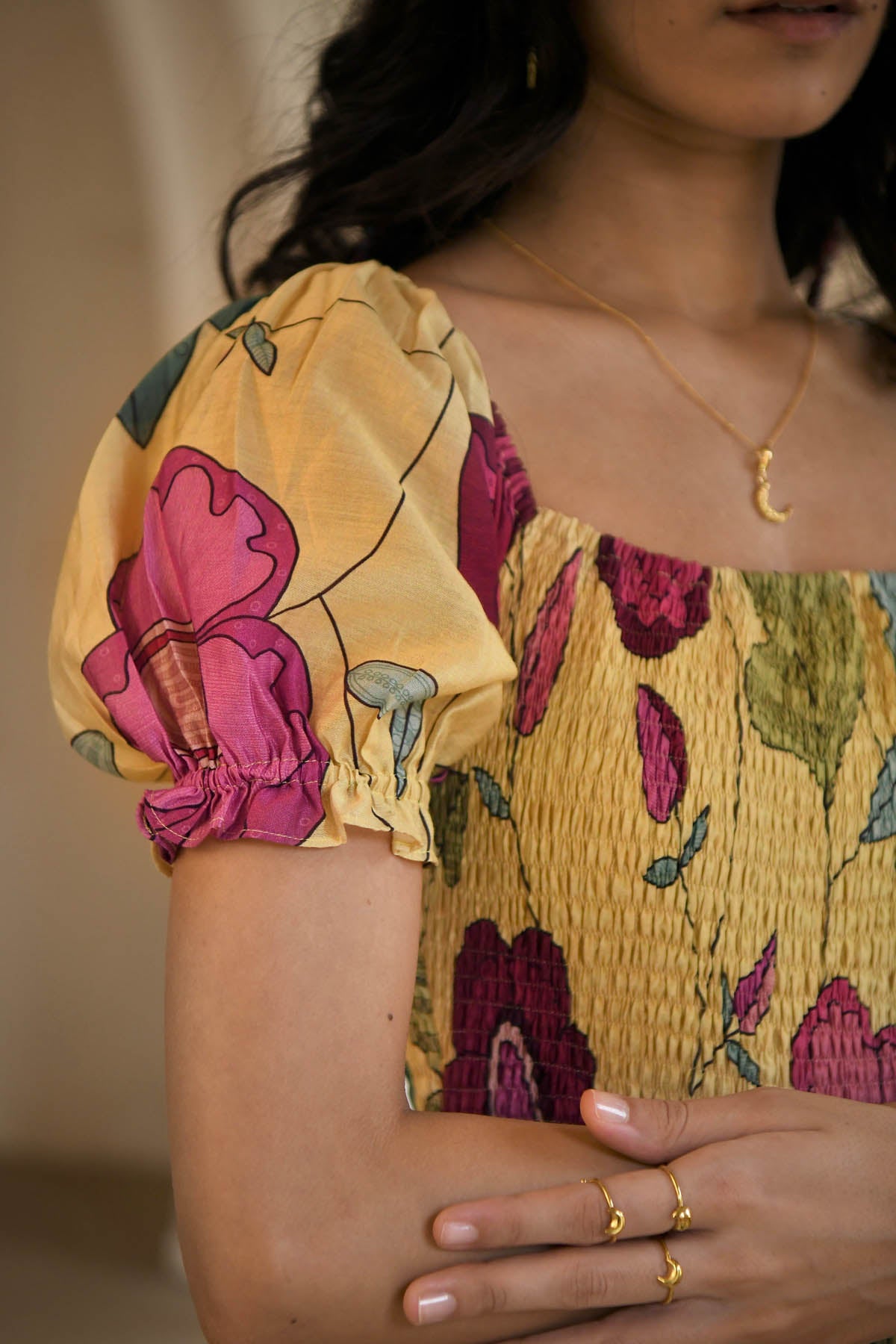 Yellow Chanderi Silk Print Dress