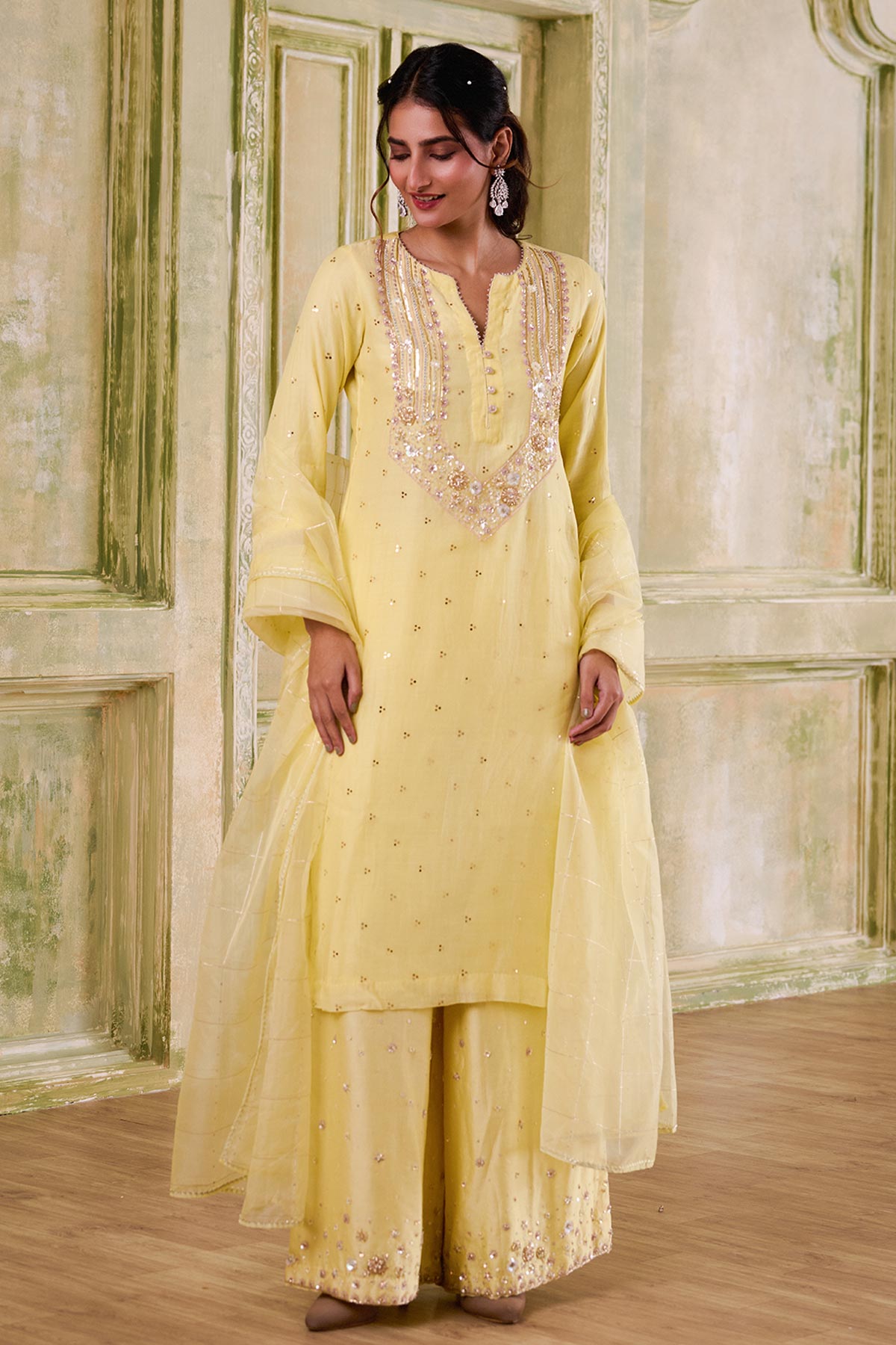 Buy Yellow Chanderi Yoke Kurta Set for women by Mudita by Urmila online available at scrollnshops
